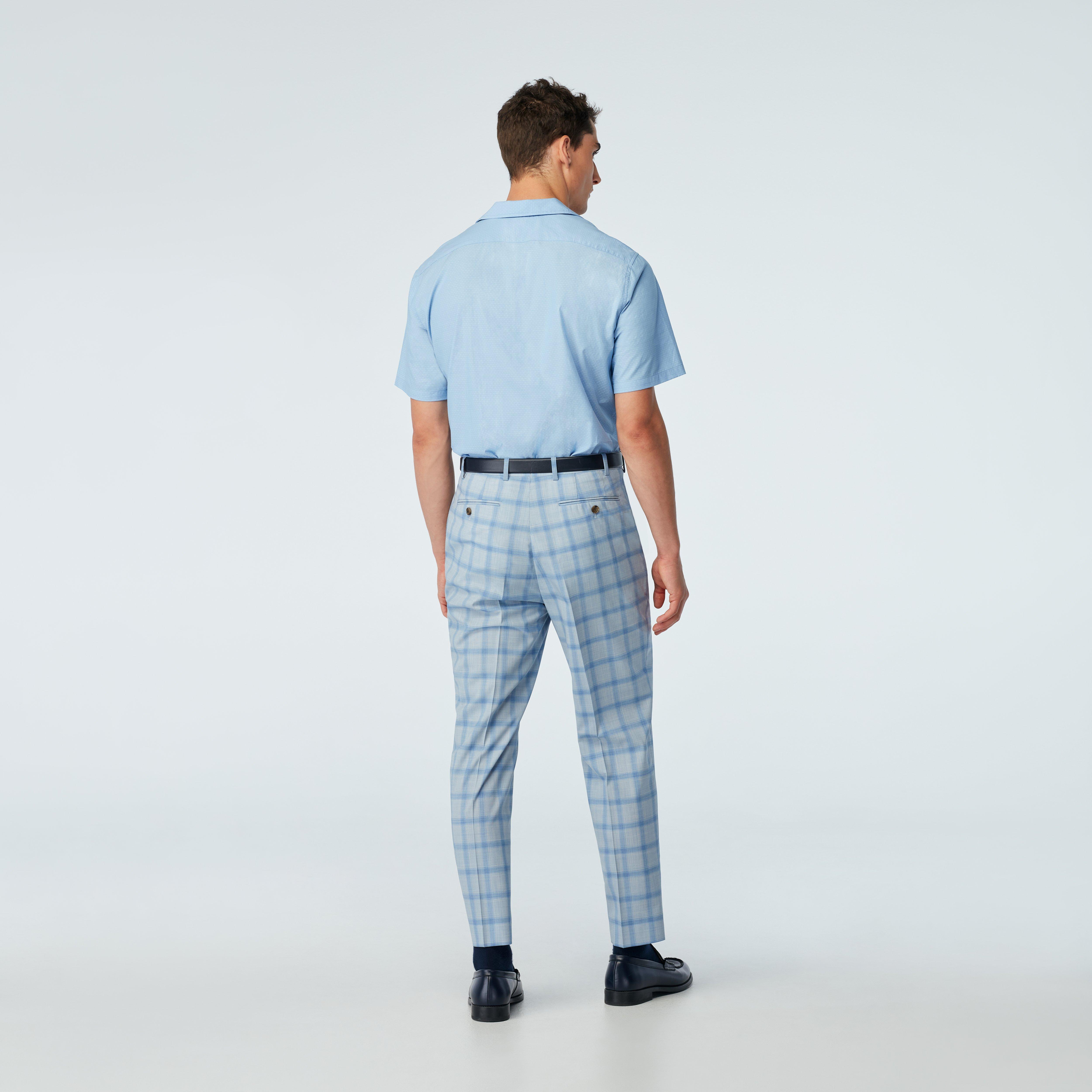 blue and white dress pants Indochino Men's Custom Kettering Plaid Light SELECT SIZE:XS front silhouette with a fabric:jersey-stretch Black Midi Dresses |