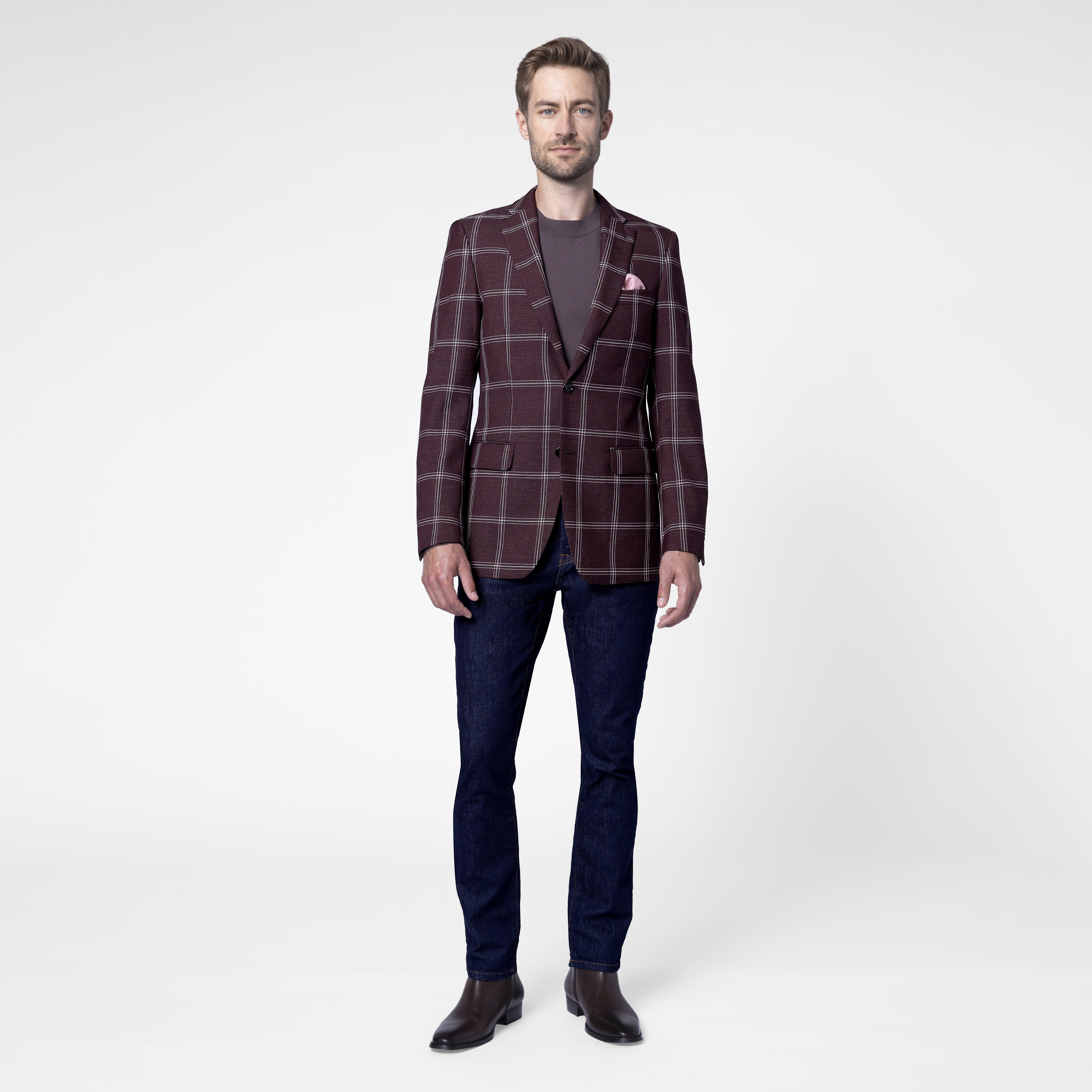 Men's Modern Fit Patch Pocket Designer Wool Summer Blazer in Burgundy Windowpane Plaid main image 1