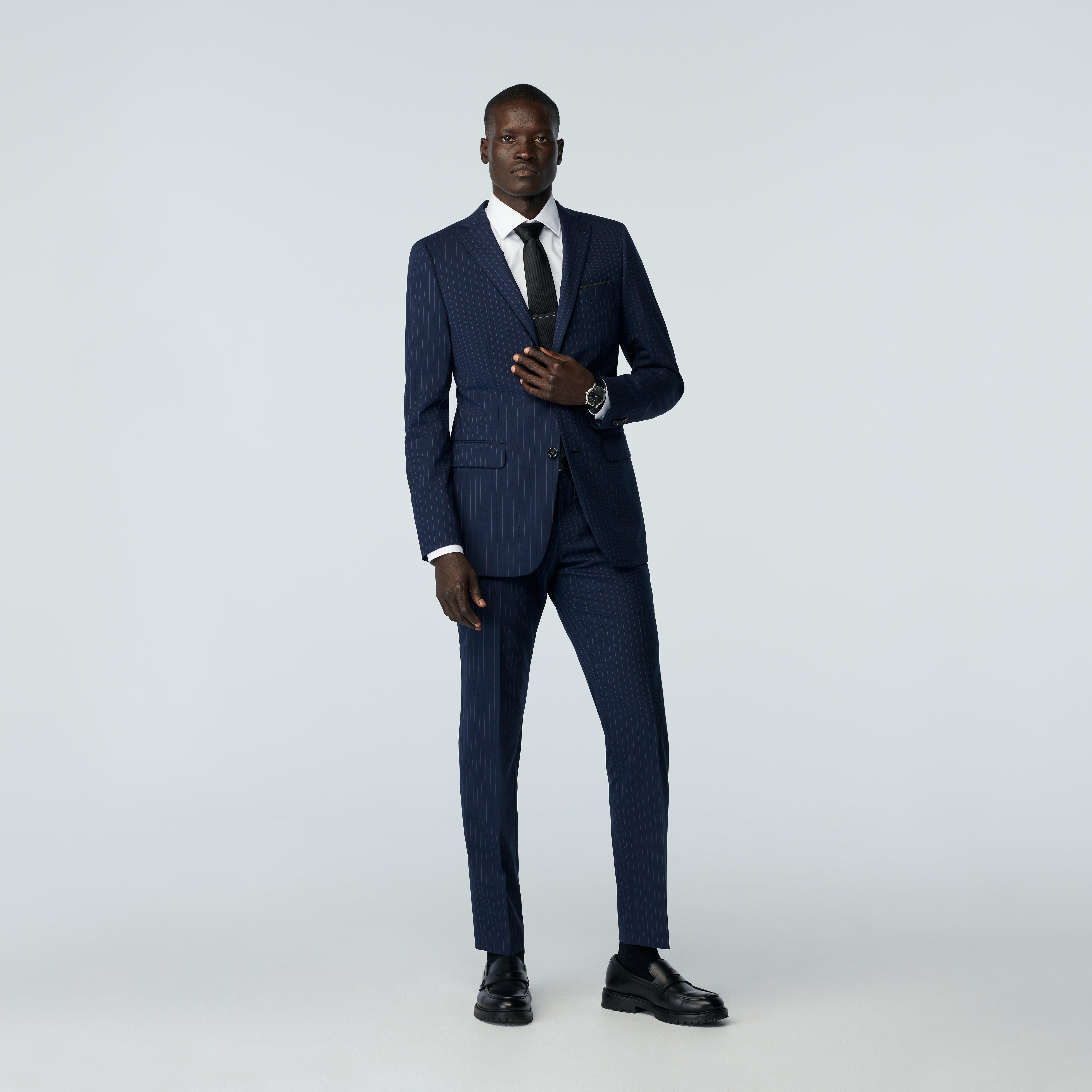 Navy Blue Pinstripe Suit In Stretch Wool