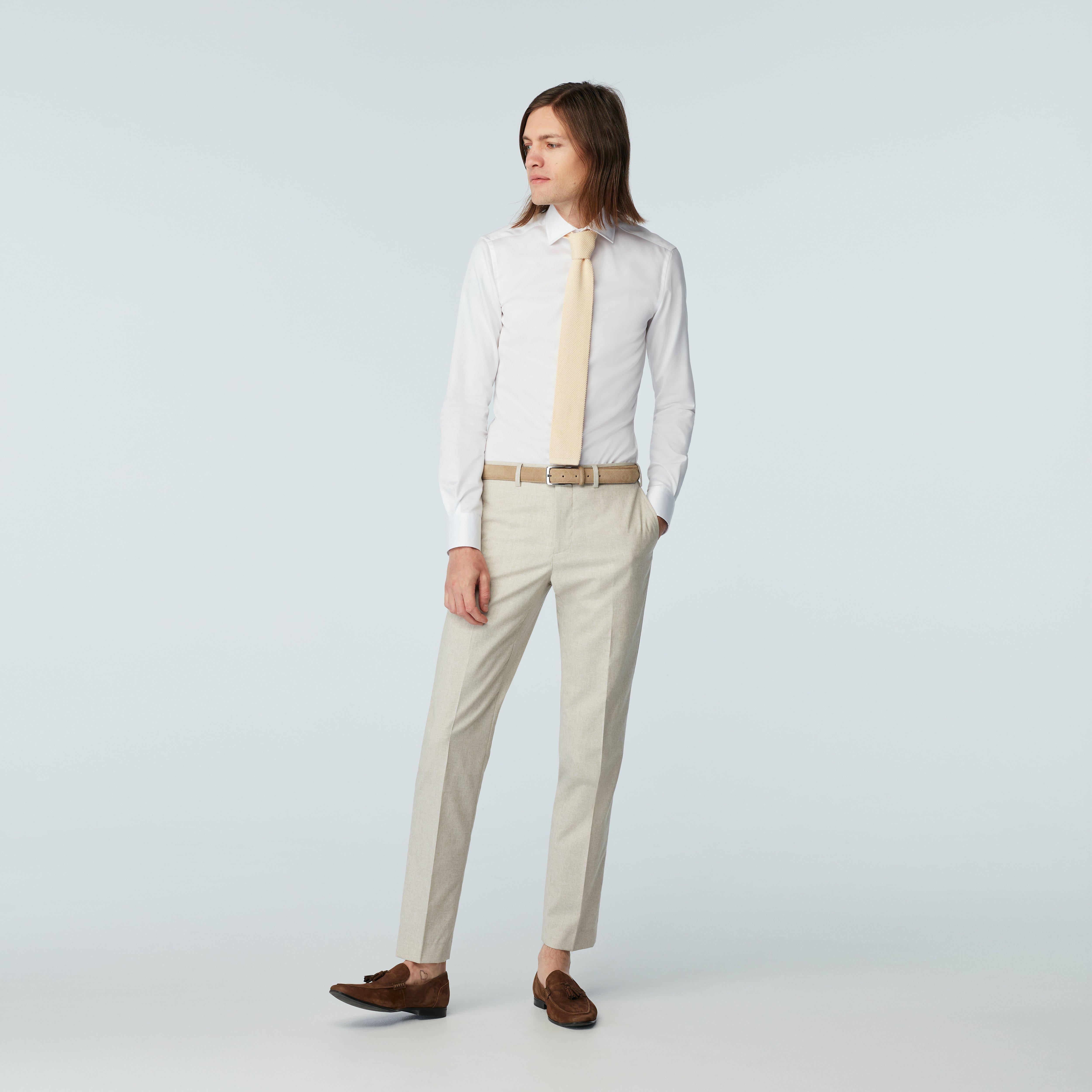 Cream Heavy Brushed Cotton Stretch Side Tab Dress Pant - Custom Fit  Tailored Clothing