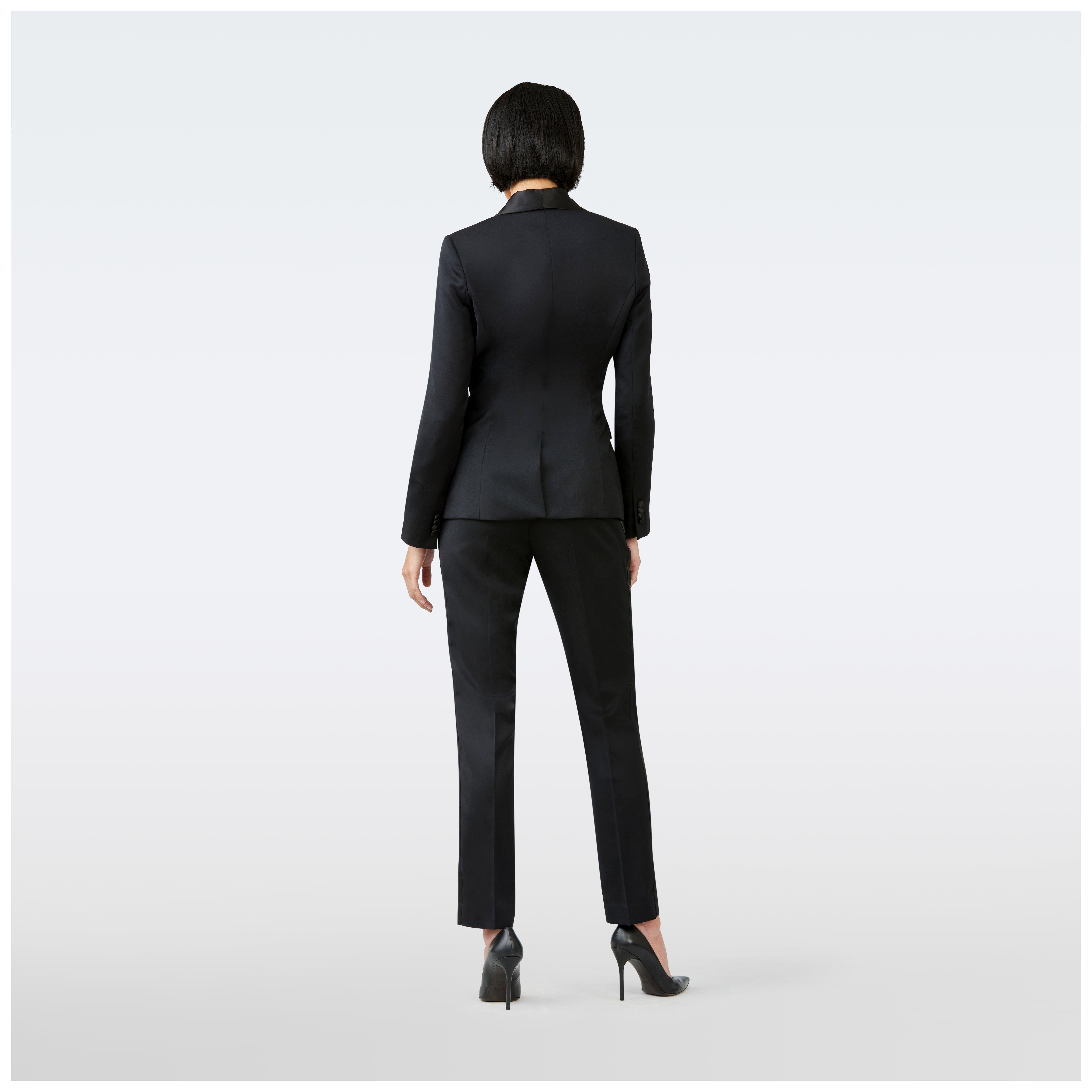 women's tuxedo dress suits Indochino Custom Hampton Black Suit THE NILE DROP 1 Square Neck Ruched Hem Color:Golden Peach From Adrianna Papell Velvet tuxedo