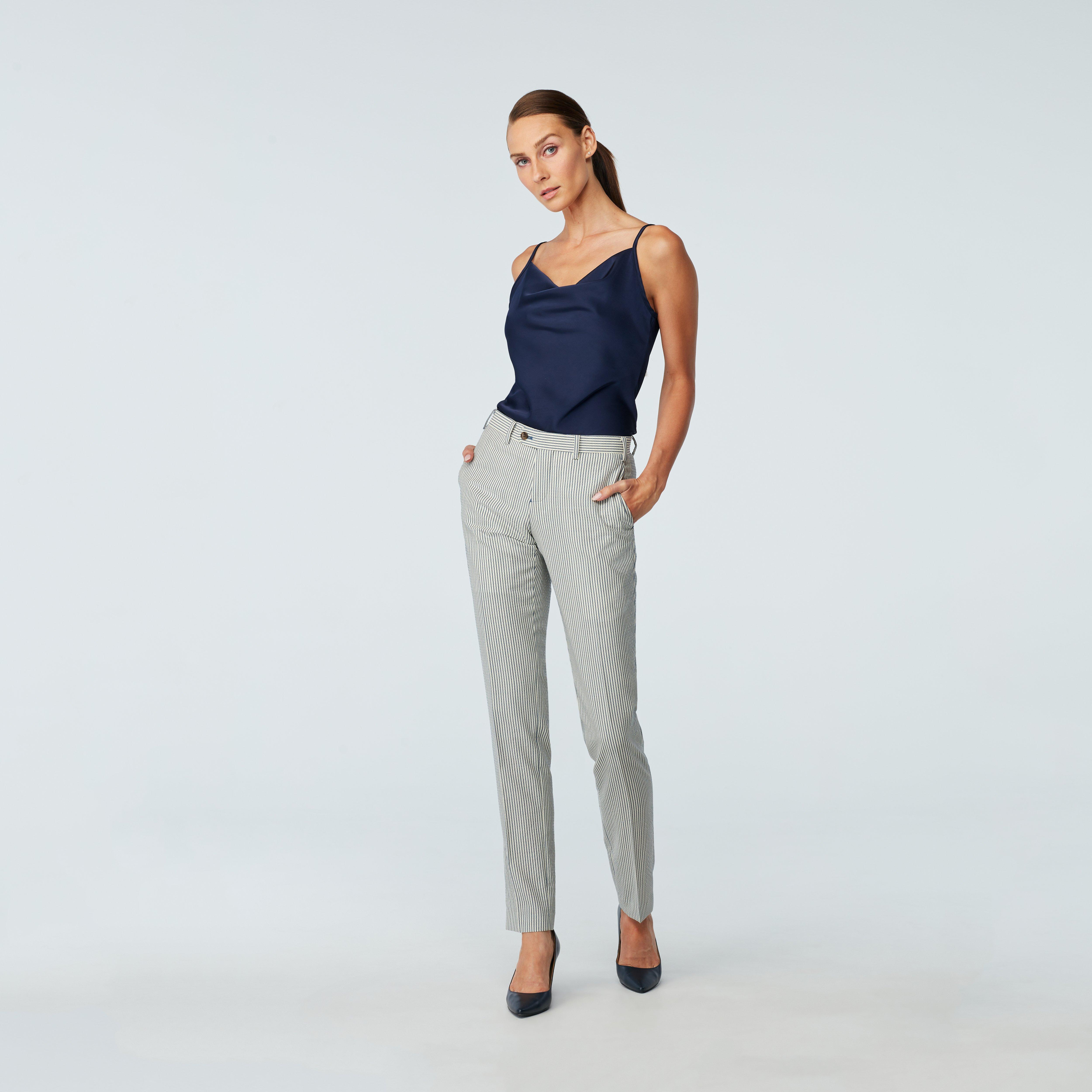 Corvielle | Sophisticated Blue Striped Top & Hem-Detailed Pants