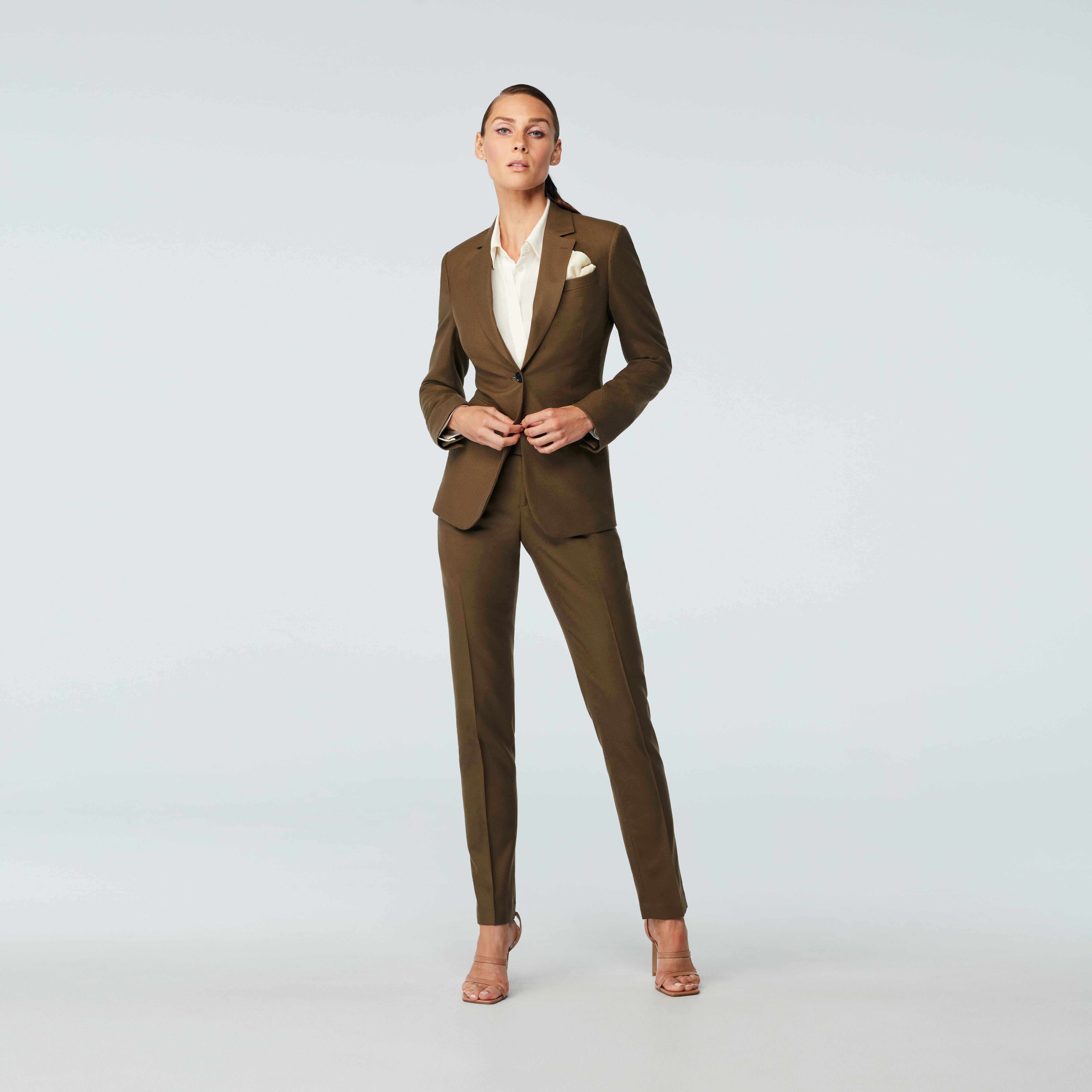 women's brown dress suit Indochino Custom Monza Royal Flannel womens brown pant suit