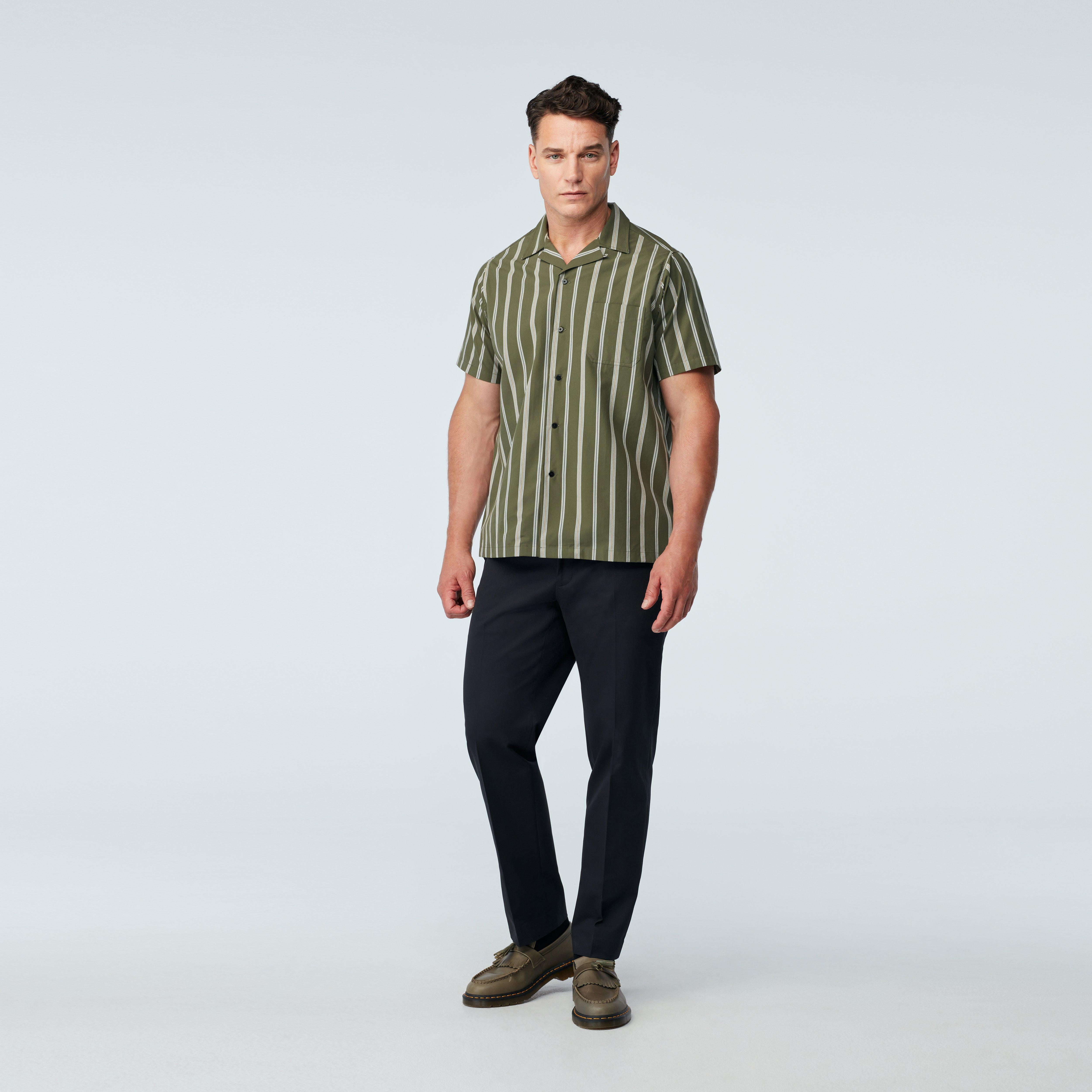 Men's Camp Shirts - Neyland Soft Striped Green Camp Shirt | INDOCHINO