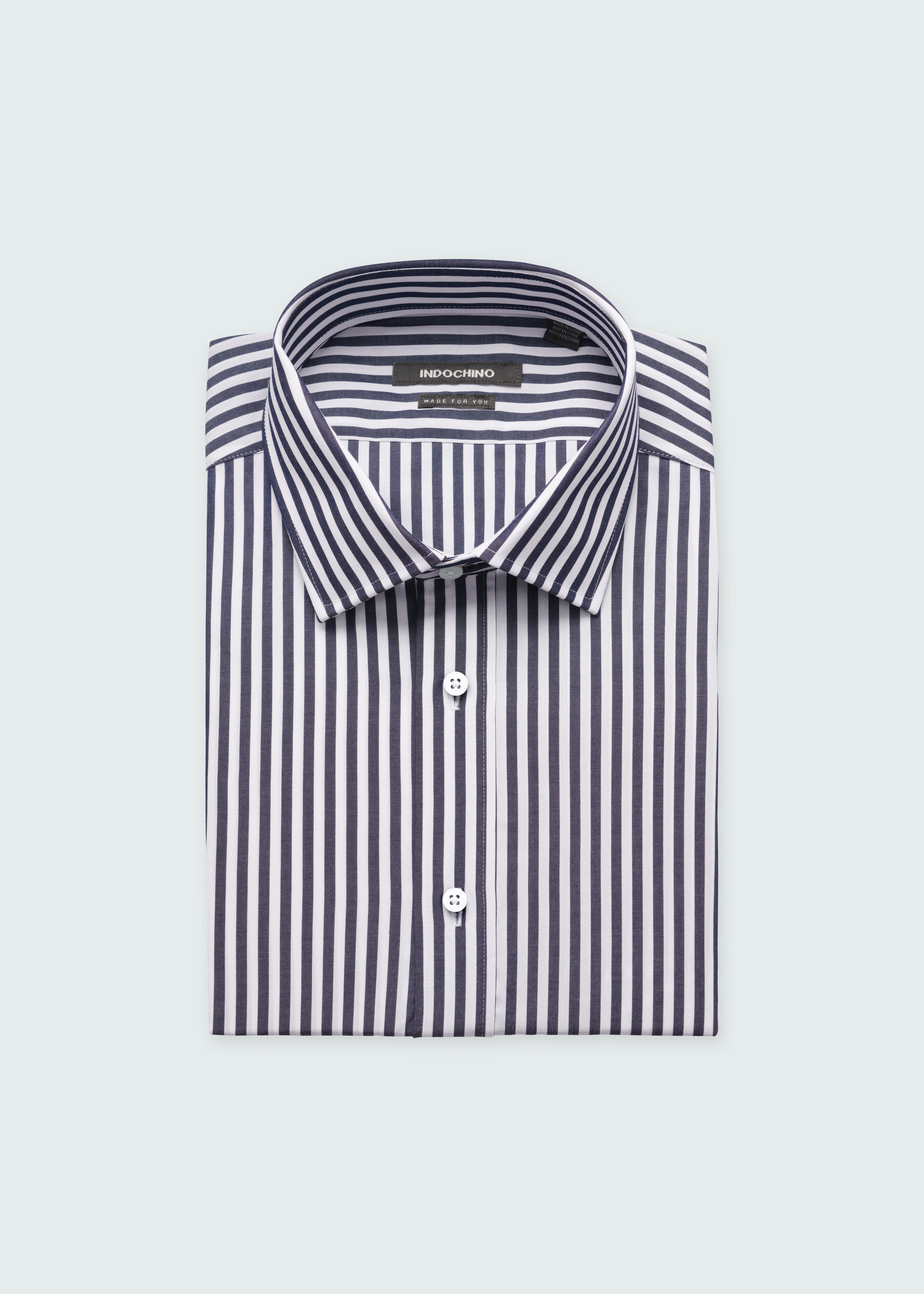 Men's Dress Shirts - Hunton Stripe Midnight Blue Shirt | INDOCHINO