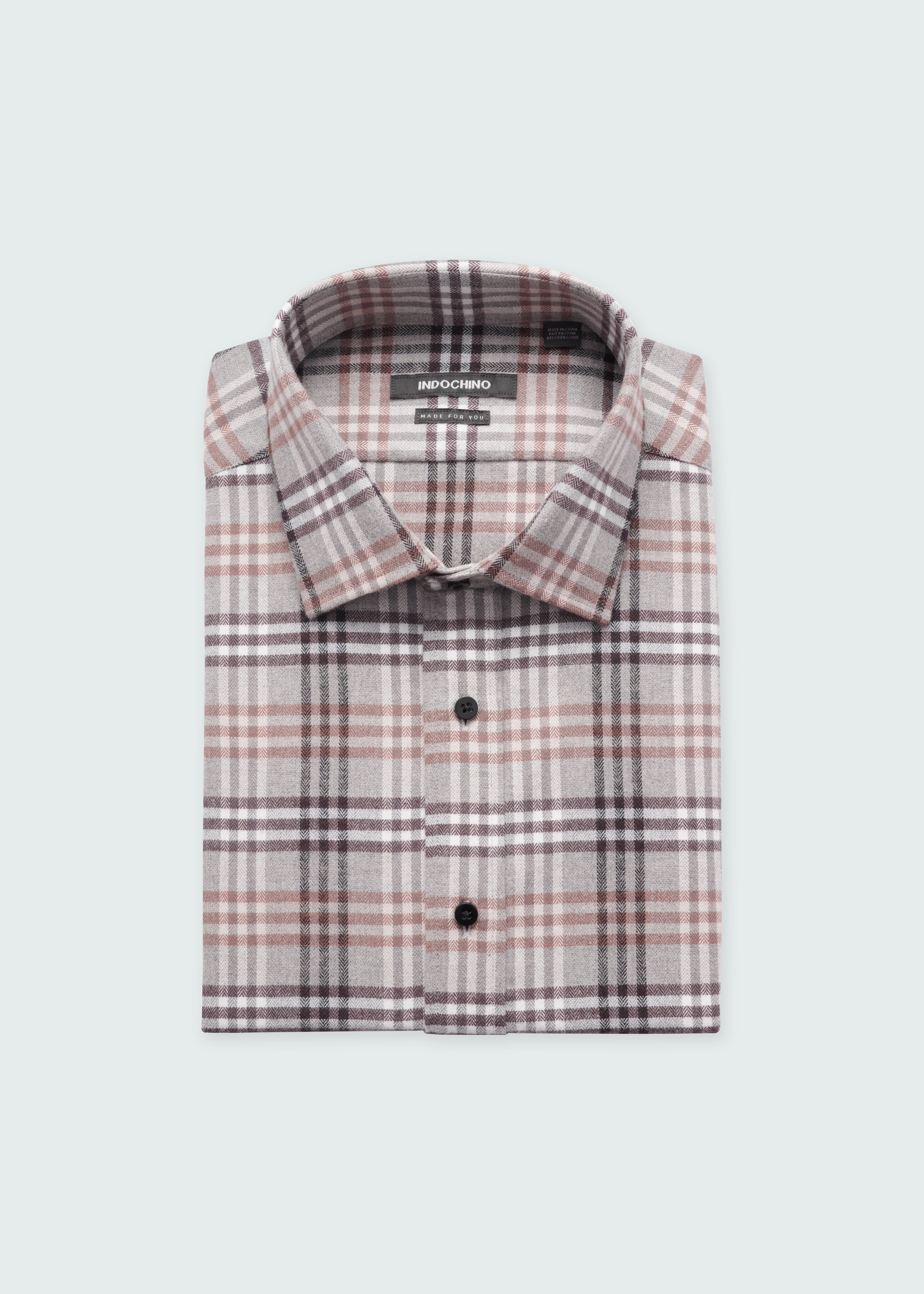 Men's Dress Shirts - Netham Brushed Plaid Brown Shirt | INDOCHINO