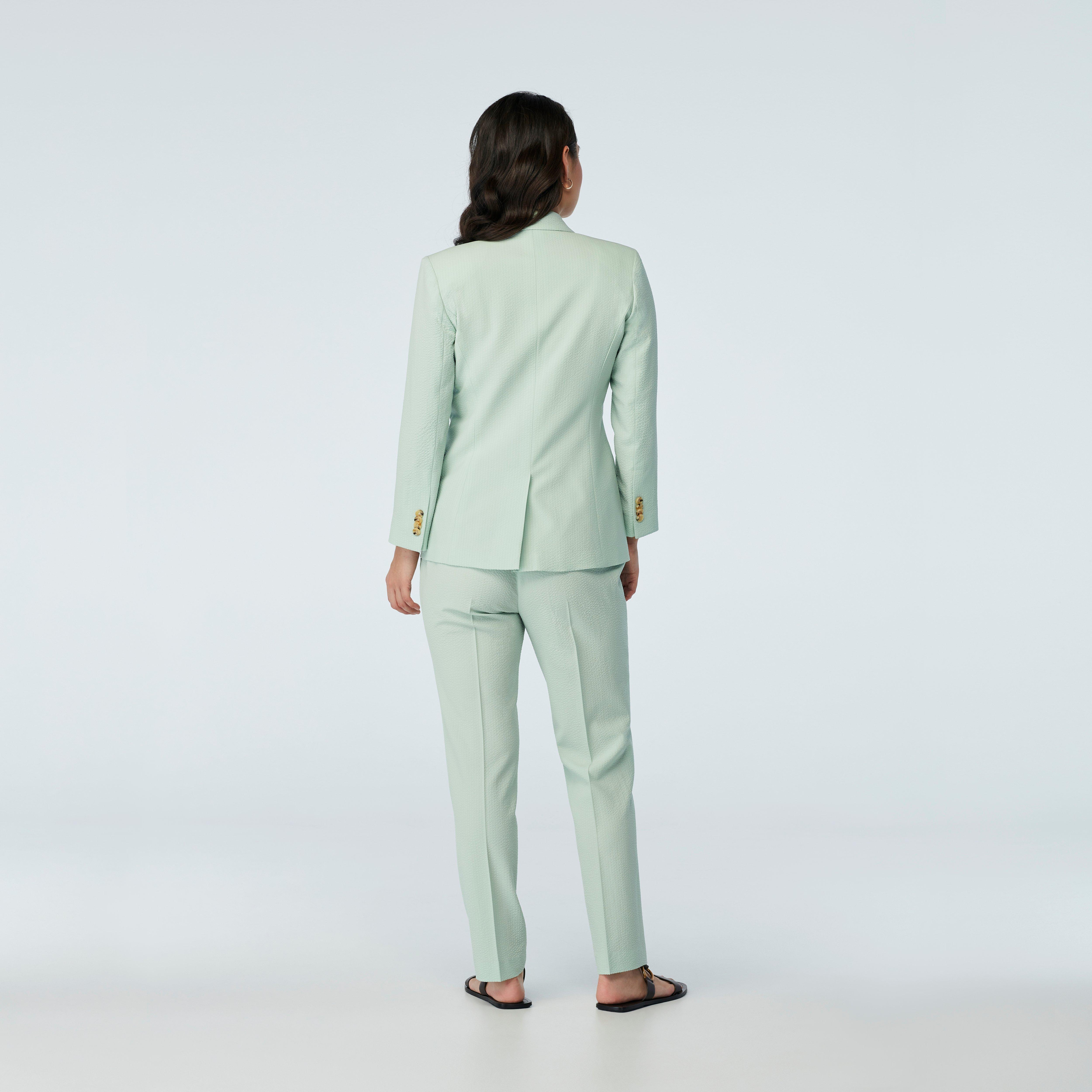 light green blazer dress Indochino Women's Custom Mondovi Seersucker Sage Linen blazer outfit