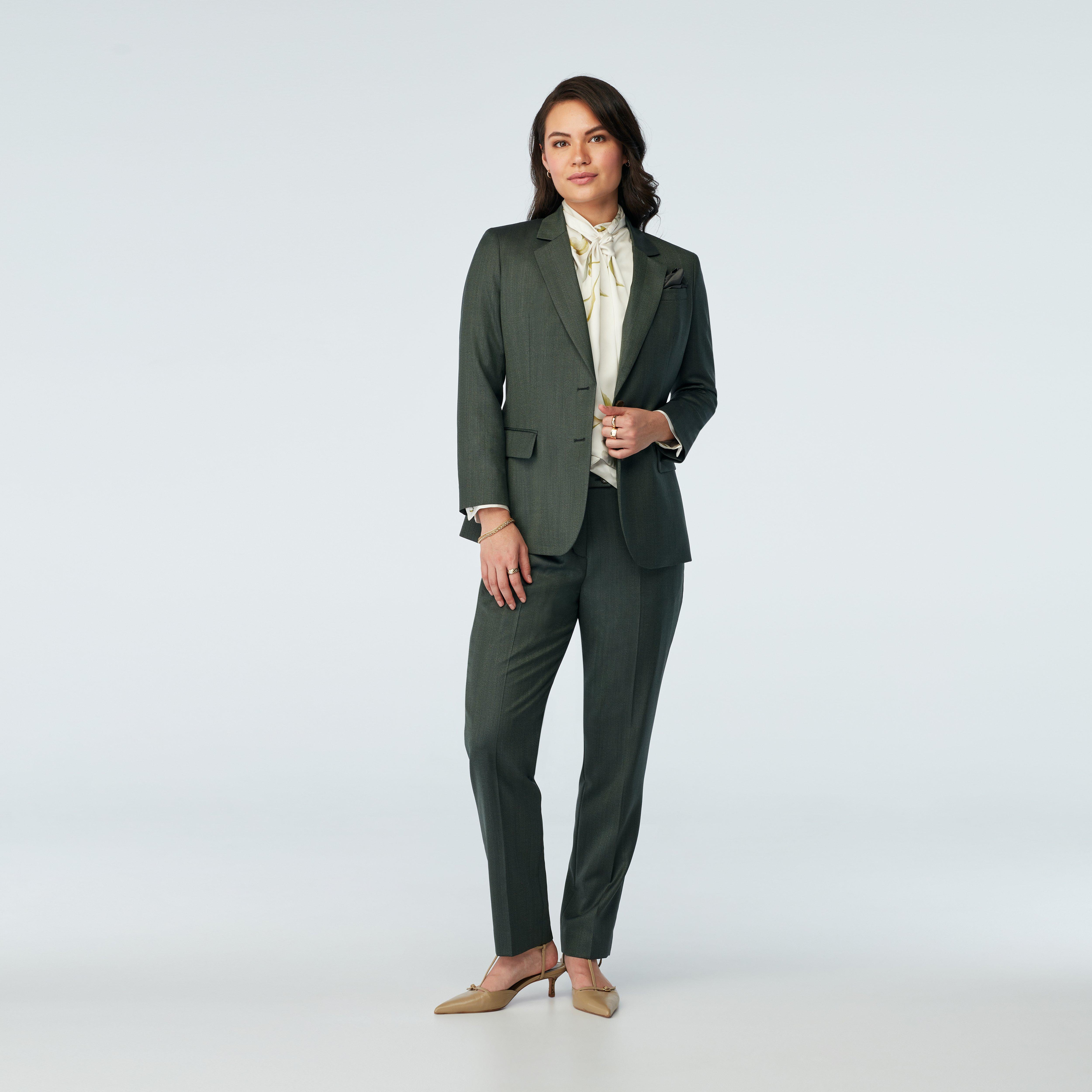 Indochino Women's Custom Modica Herringbone Olive Green Suit | 100% Wool