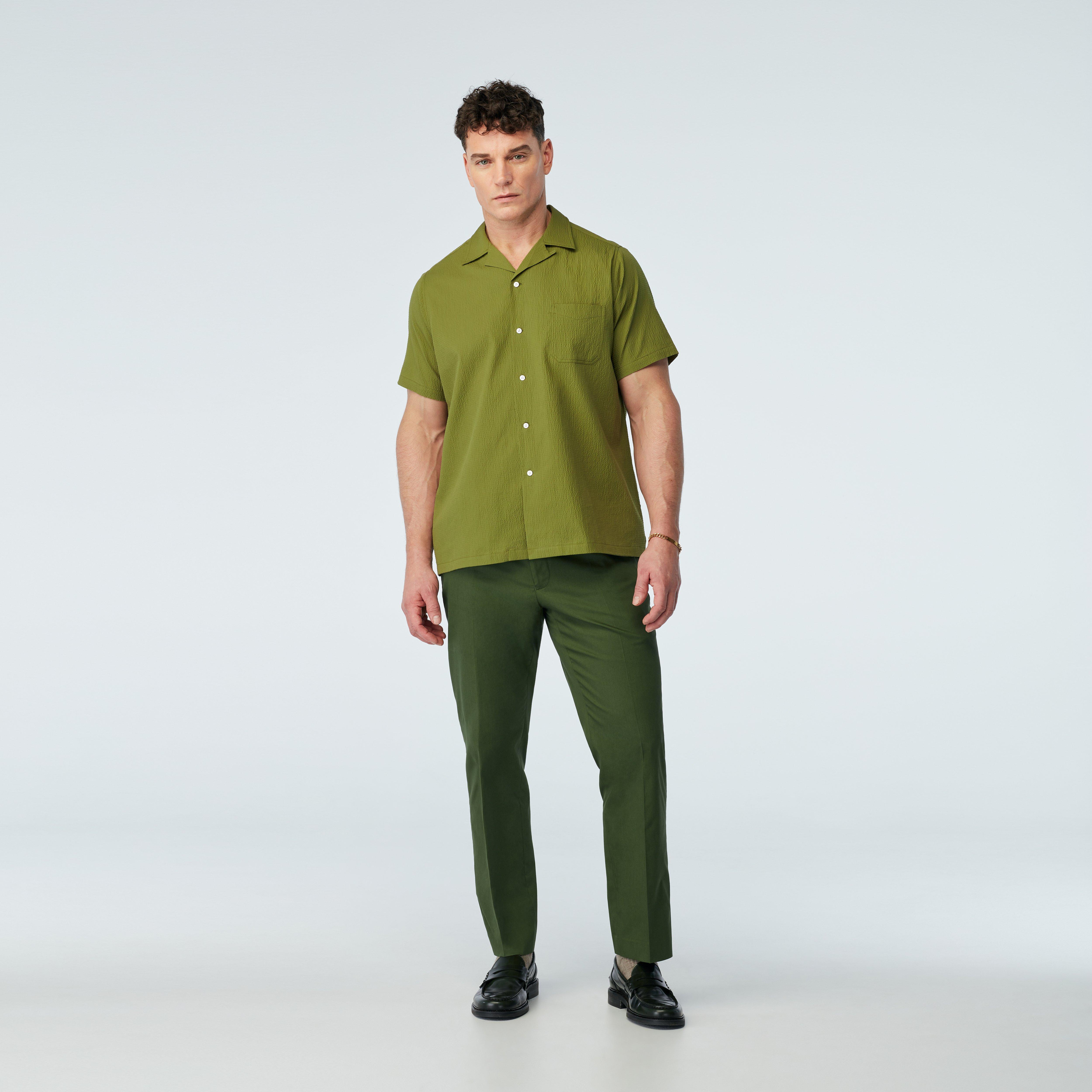 Men's Camp Shirts - Oakington Seersucker Olive Camp Shirt | INDOCHINO
