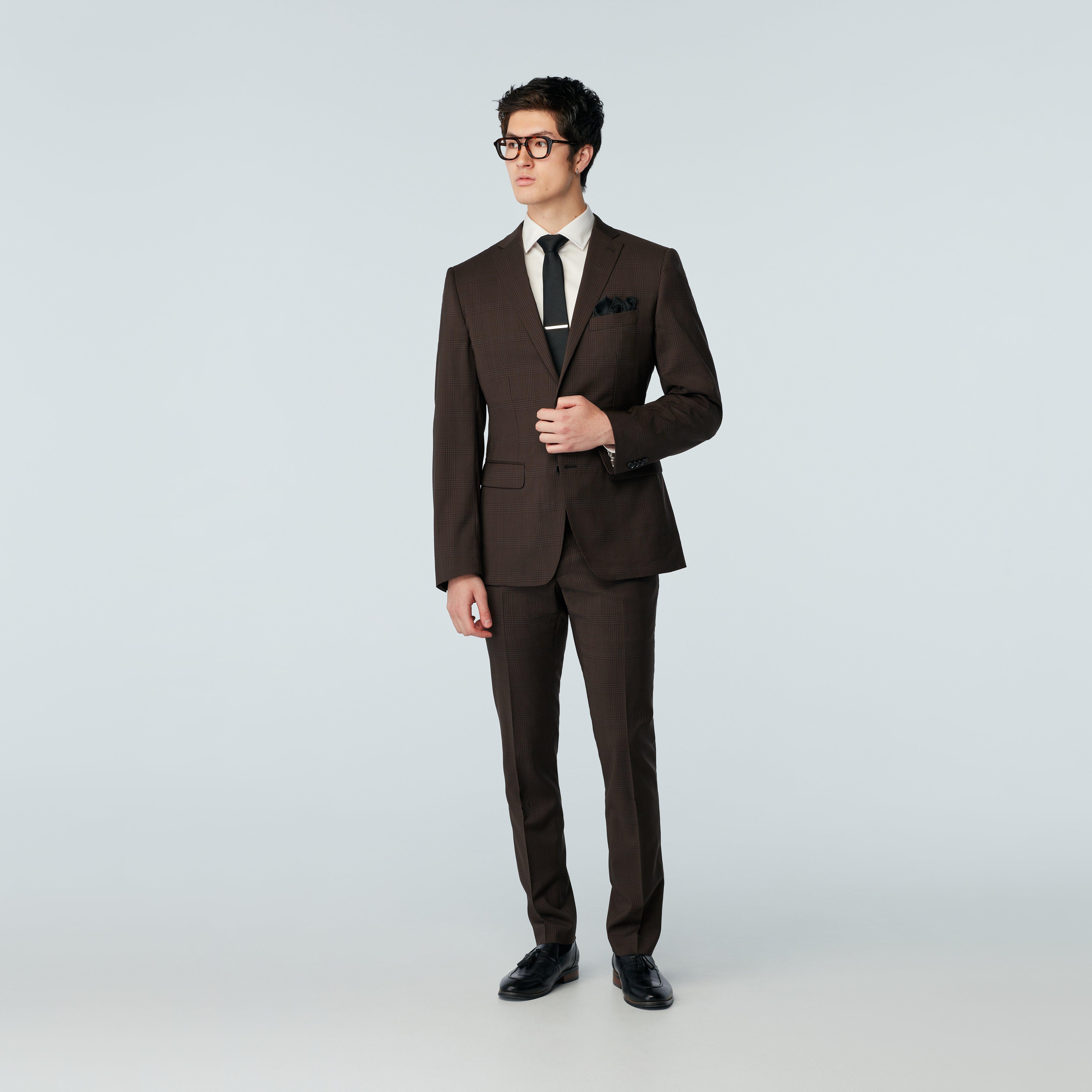 【極美品】SUIT SELECT グレンチェック リネン 麻 ブラウン A5 Men's Custom Suits - Milano Glen Check Brown Suit | INDOCHINO