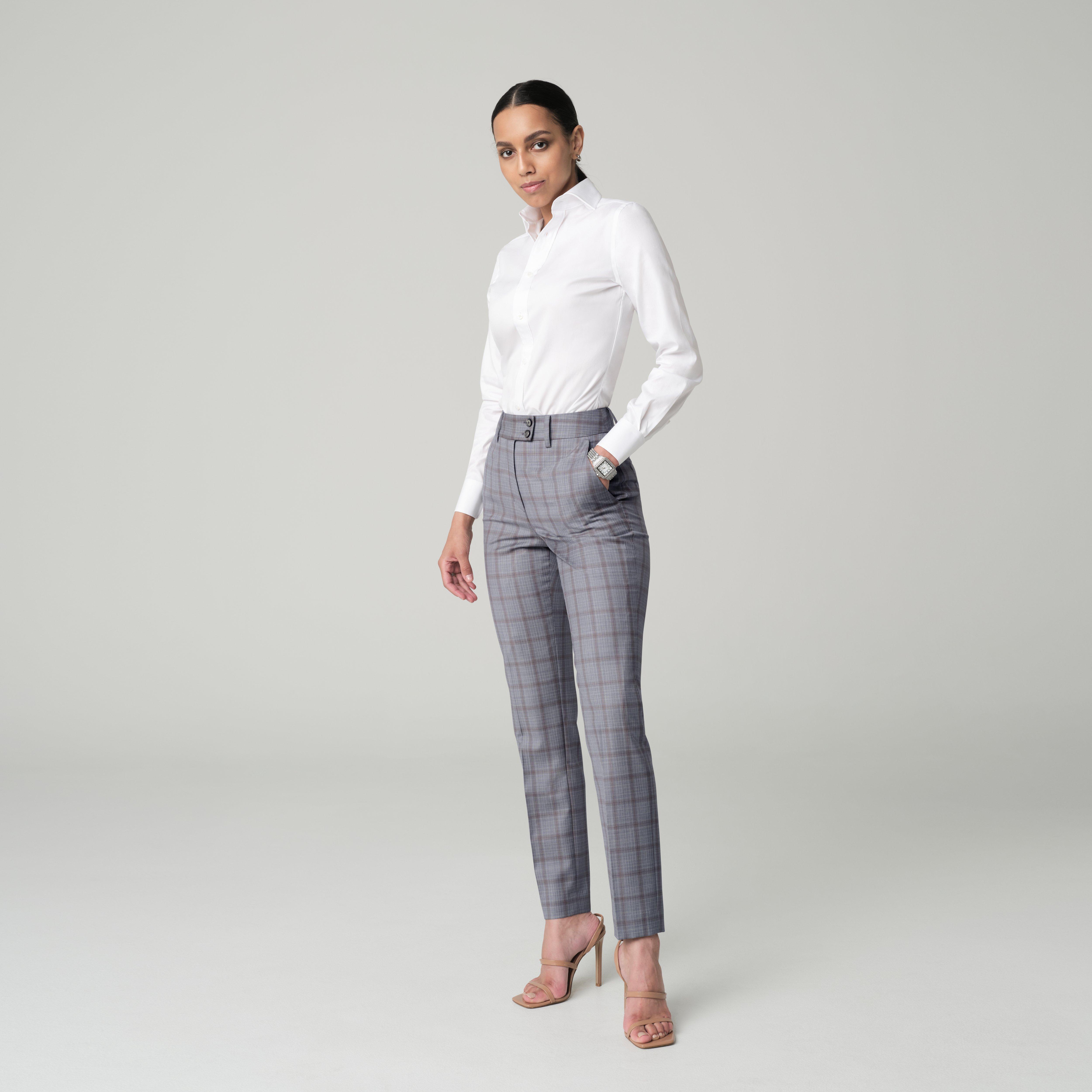 Indochino Women's Custom Paxton Check Light Gray Pants | 100% Wool