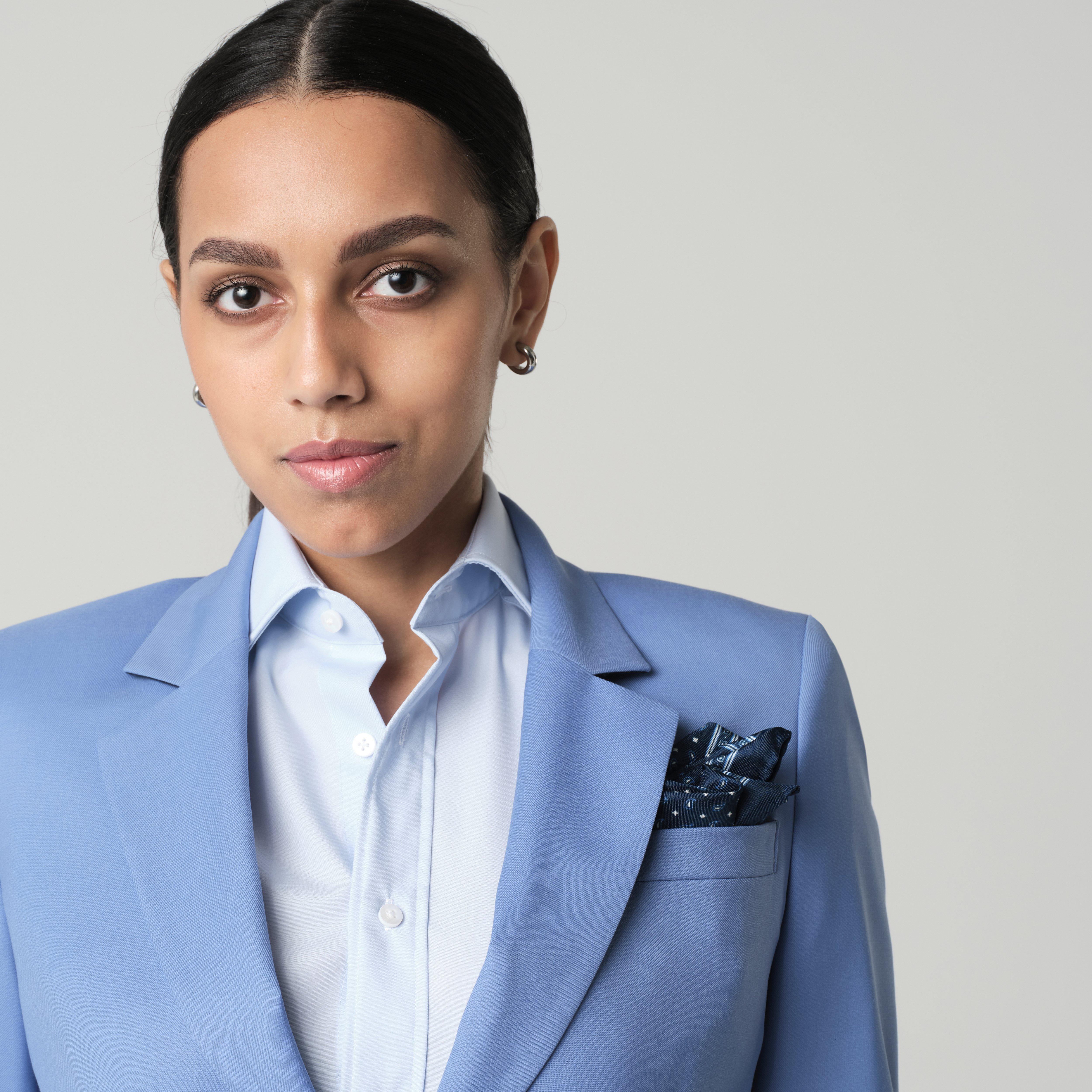 womens blue dress suit Women's Custom Suits - Highbridge Light Women FW25MJ this light blue suit Size:28/30 Helmut Lang Wind Halter