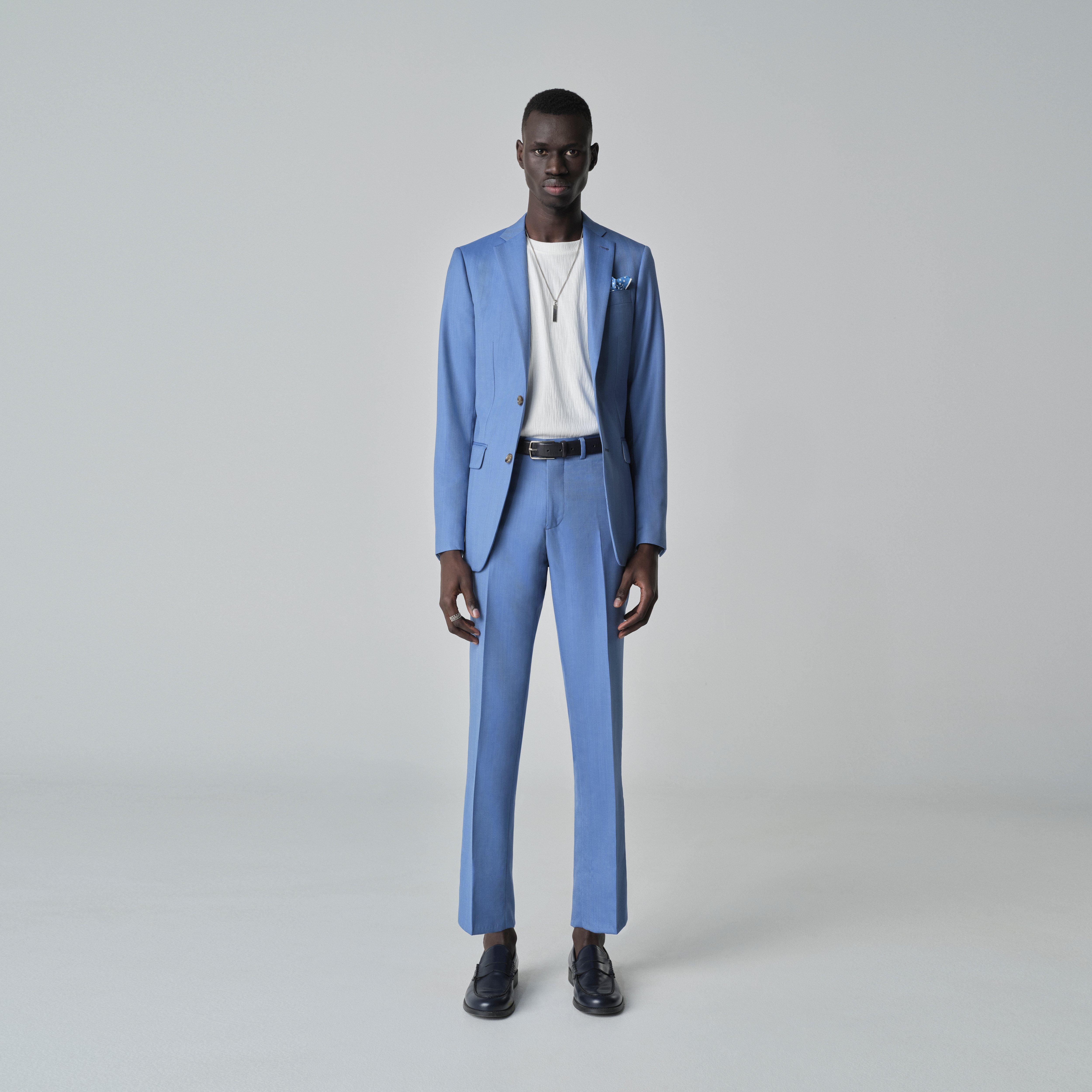 Indochino Men's Custom Modica Herringbone Light Blue Suit | 100% Wool