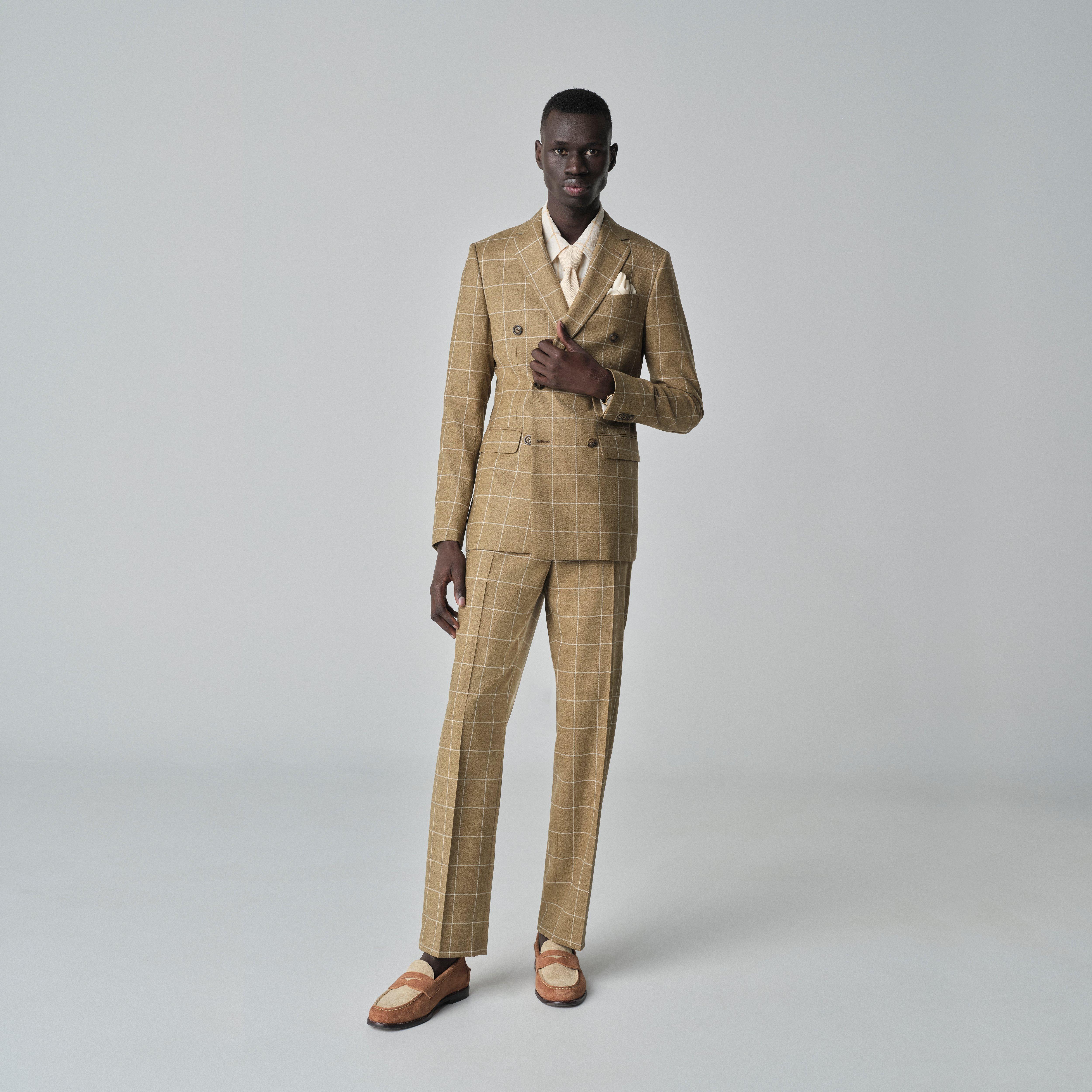 スーツ 5351 LUXURY CHECK TAILORED SETUP 46 Men's Custom Suits - Queensbury Check Camel Suit | INDOCHINO