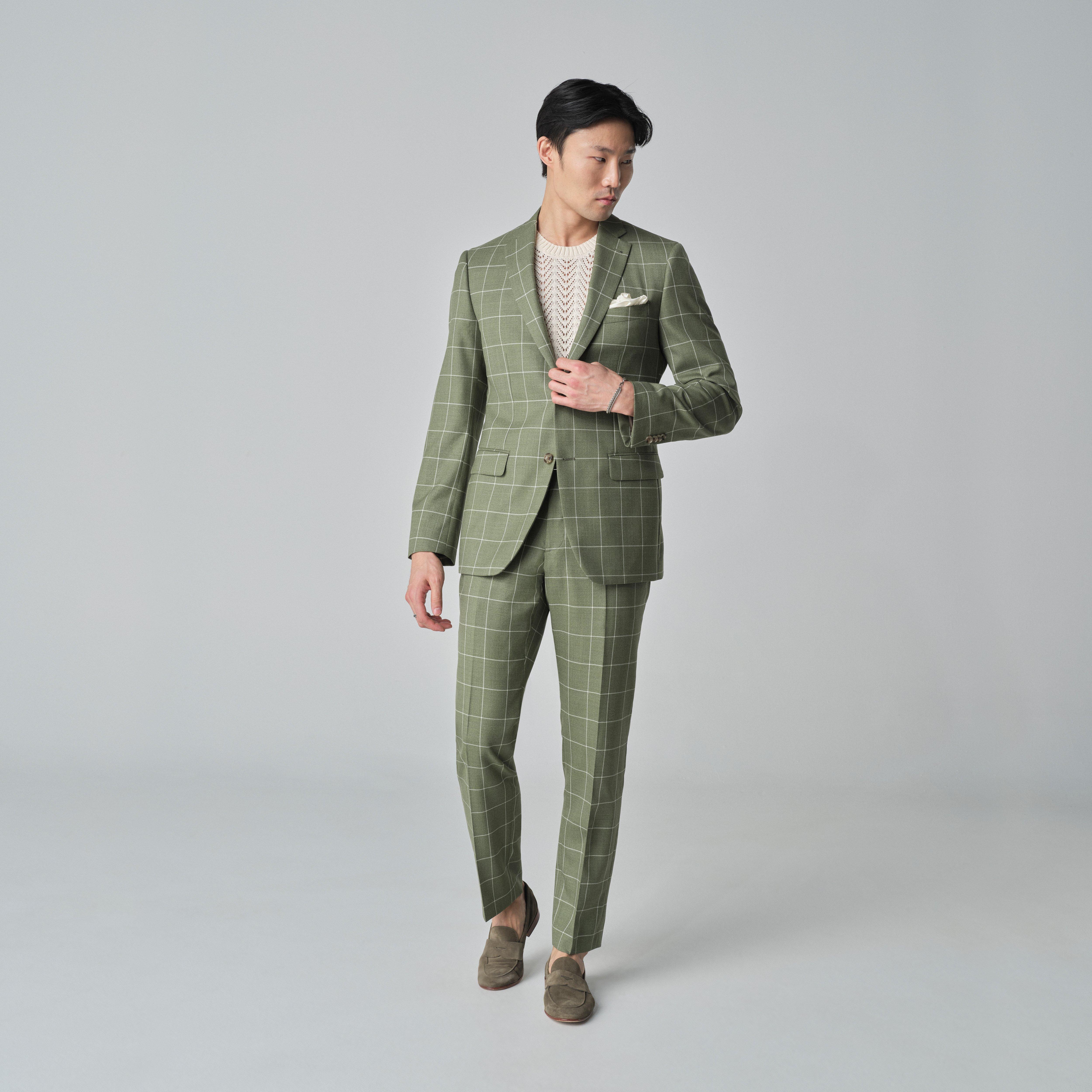 オリーブグリーン チェック柄 スリムフィットスーツ Men's Custom Suits - Queensbury Check Olive Suit | INDOCHINO