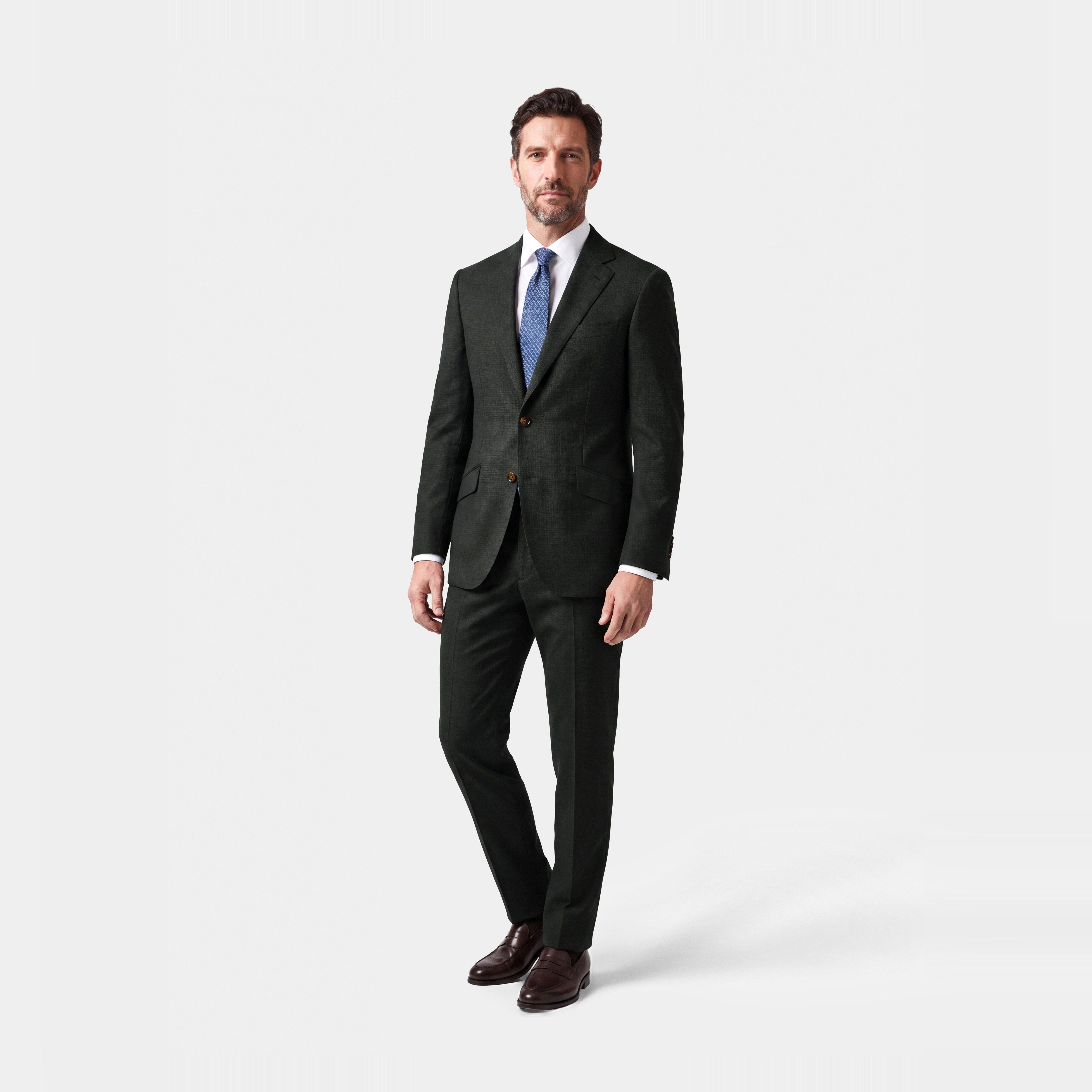 スーツ cootieCOMFORTMERINOSAXONY2TUCKTROUSERS Men's Custom Suits - Rye Wool Stretch Check Hunter Green Suit