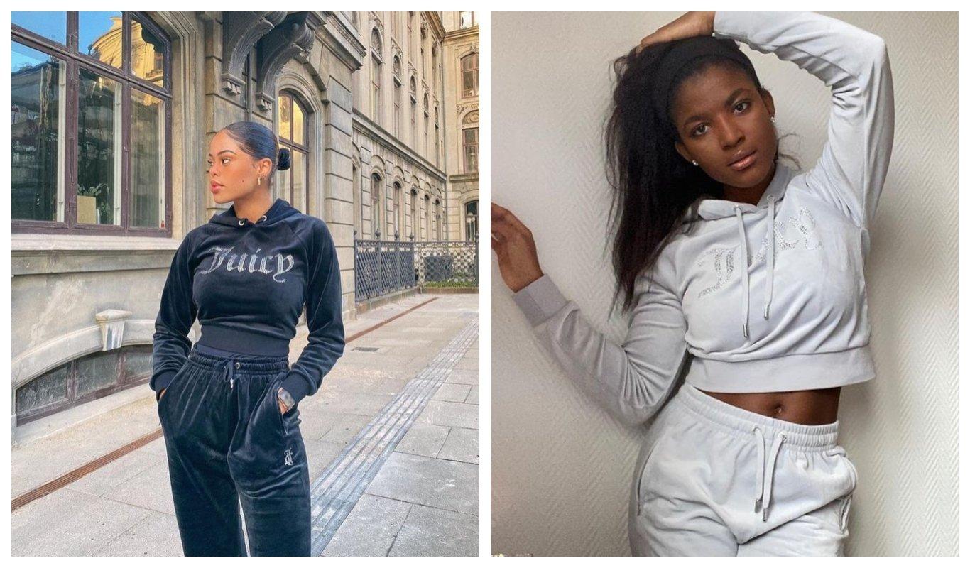 Två bilder på personer i varsitt Juicy Couture set med hoodie och träningsbyxor