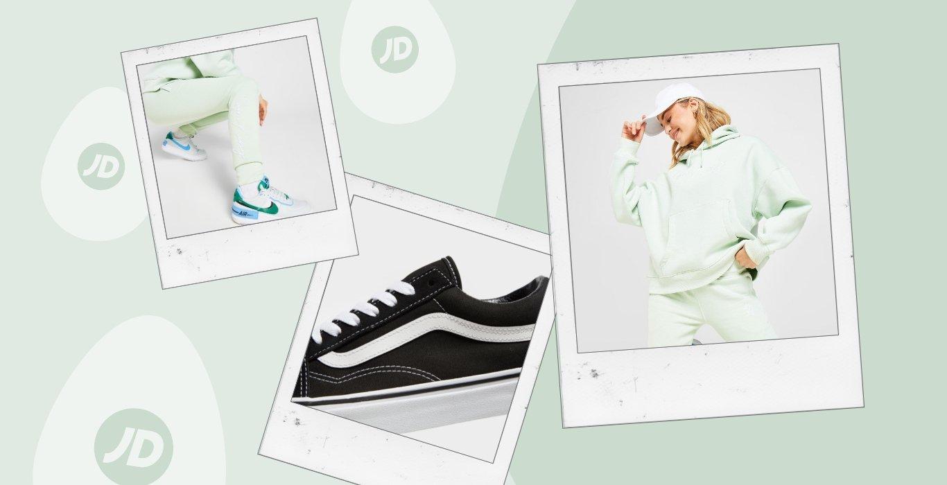 collage with images of a person in light green hoodie and sweatpants and black vans old skool