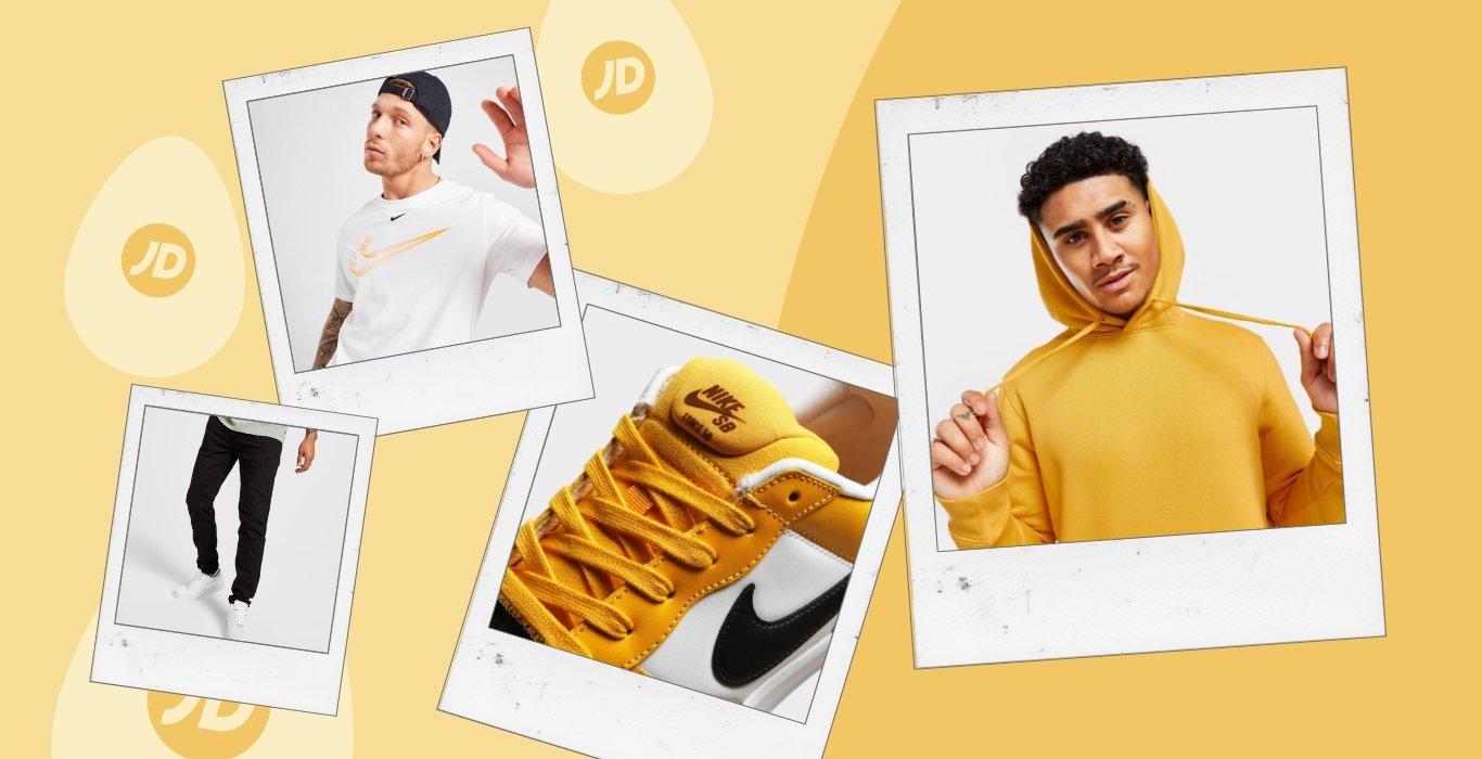 collage with images of one person in a white and yellow Nike T-shirt, one person in a yellow hoodie, black jeans and white and yellow Nike sneakers