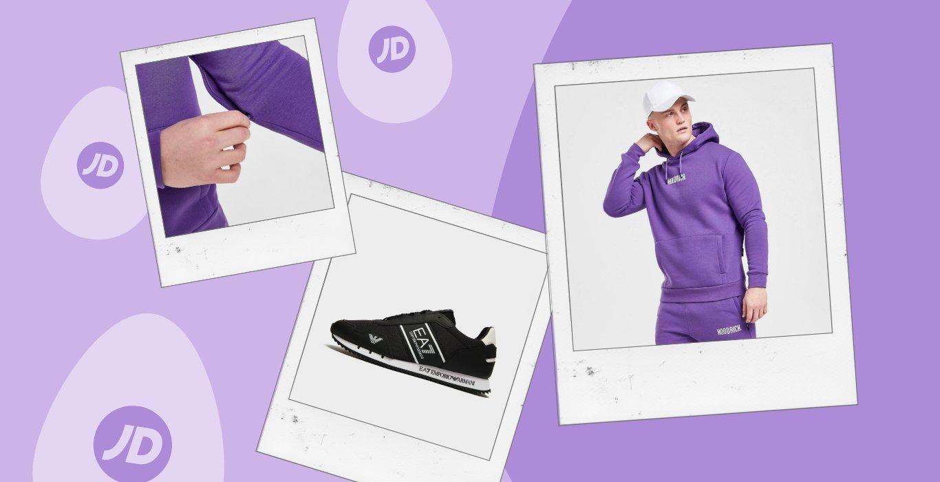 collage with images of a person in a purple hoodrich tracksuit and black Emporio Armani EA7 sneakers