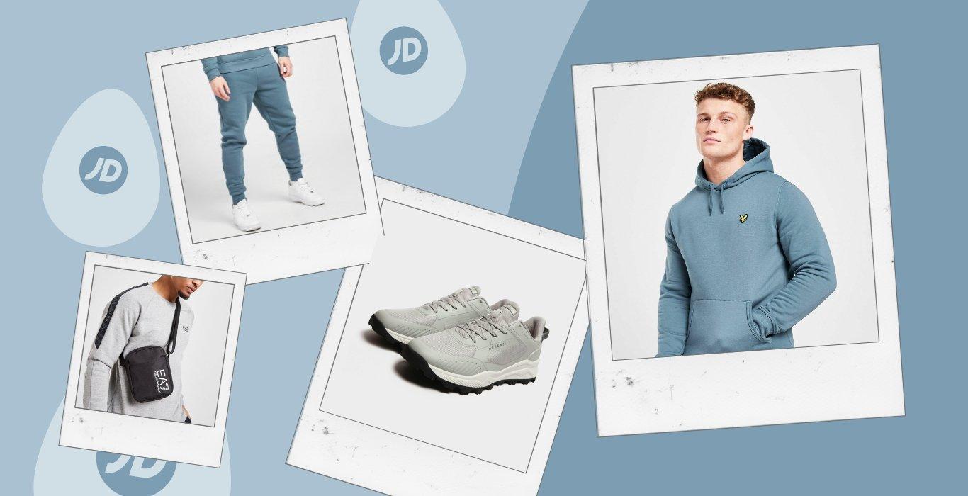 collage with images of a person in a blue hoodie and matching track pants, grey McKenzie sneakers and a black shoulder bag