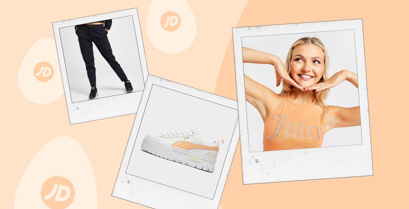 collage of images of a pair of black cargo pants and orange puma mayze and a person in an orange juicy couture halter neck top