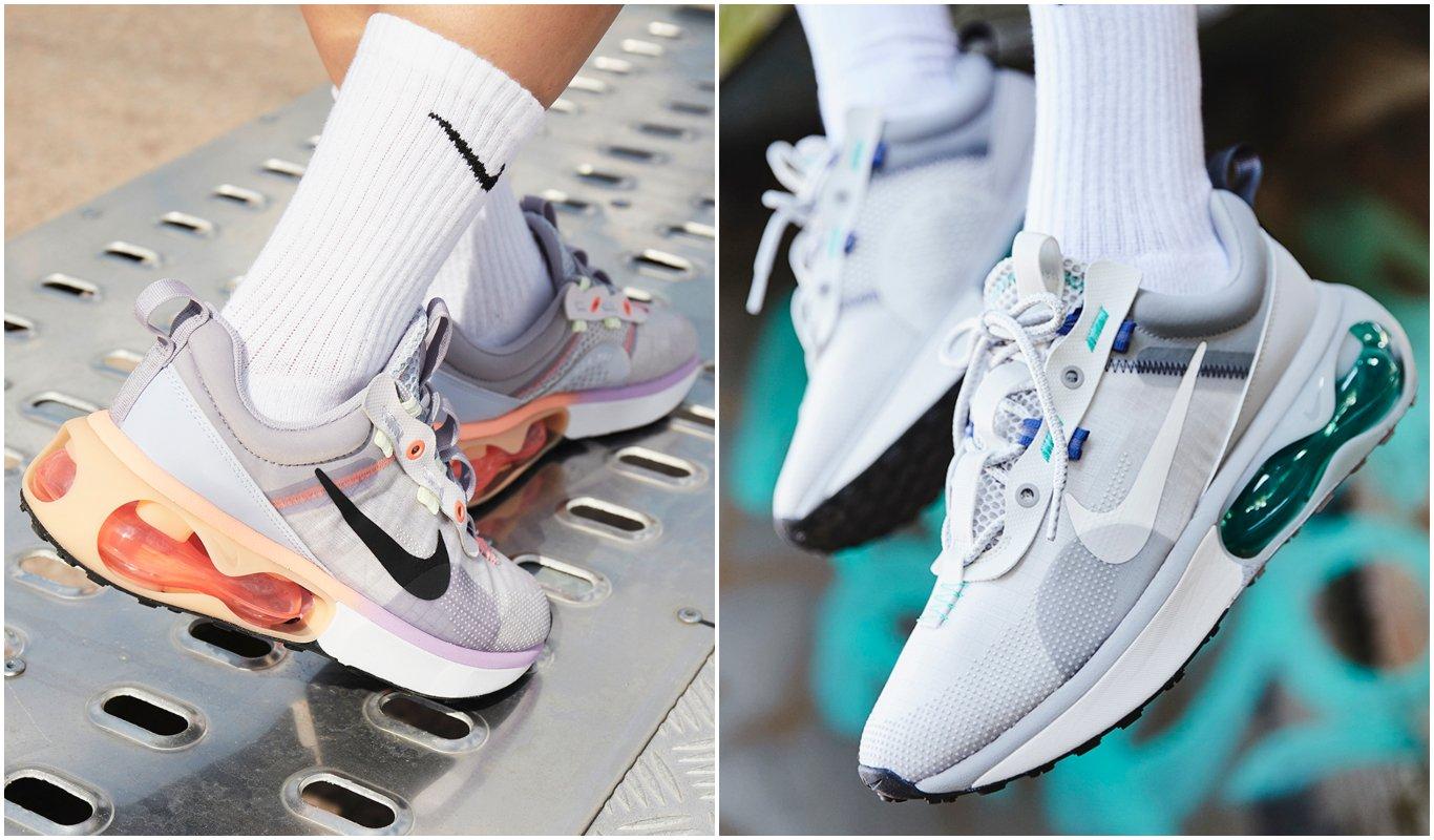 two images of nike air max 2021 men’s and women’s, in outdoor setting with white socks