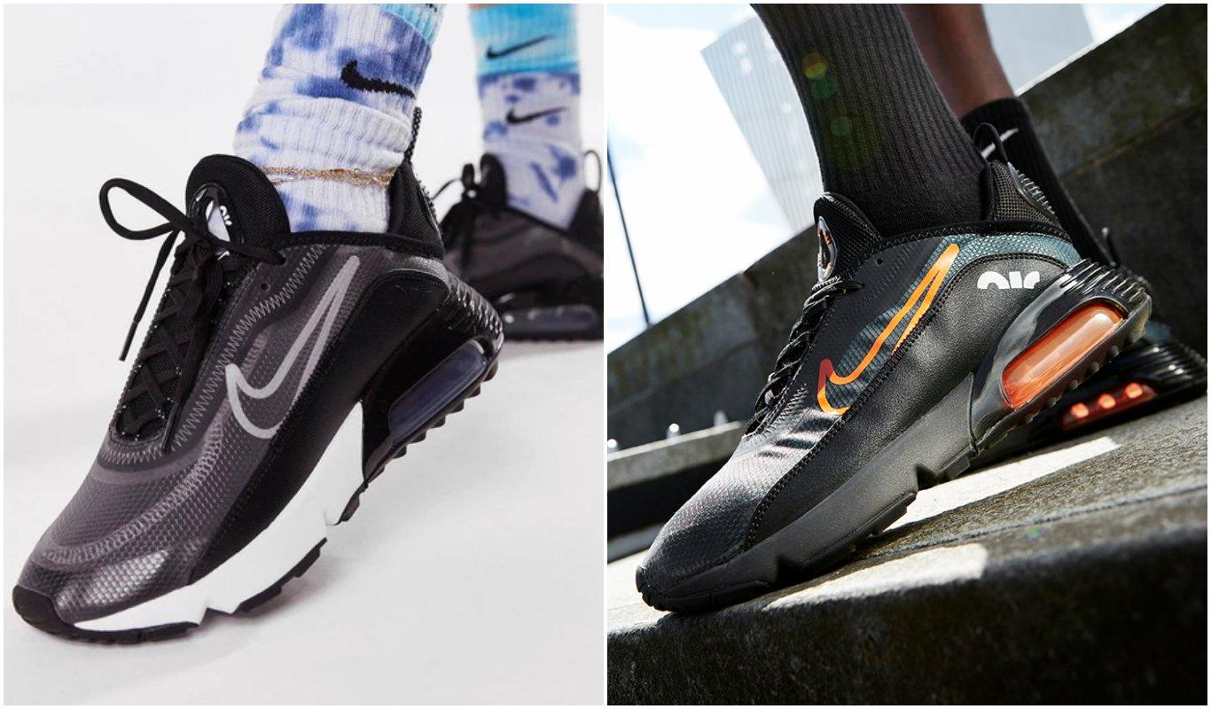 two images of nike air max 2090 women’s and men’s, both in black colorway