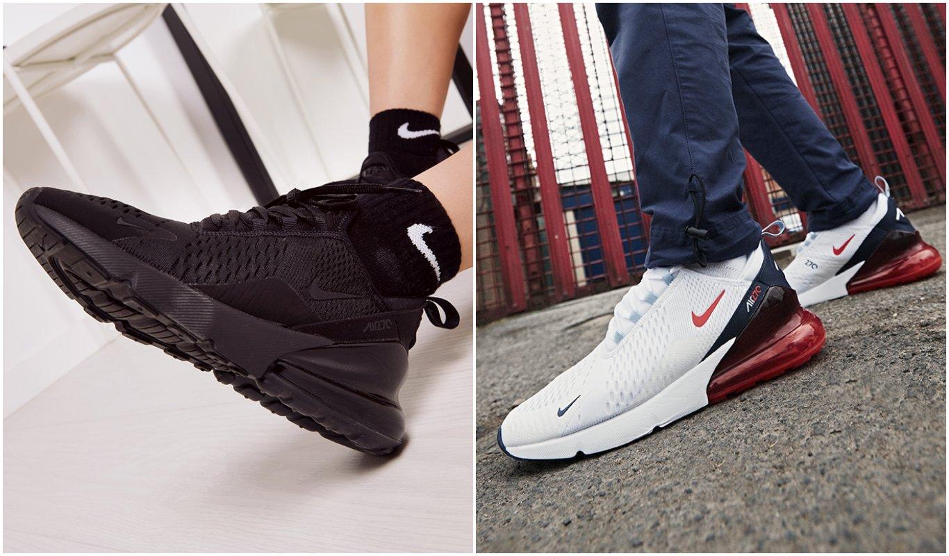 two images of nike air max 270 women’s and men’s, one black and one white and red