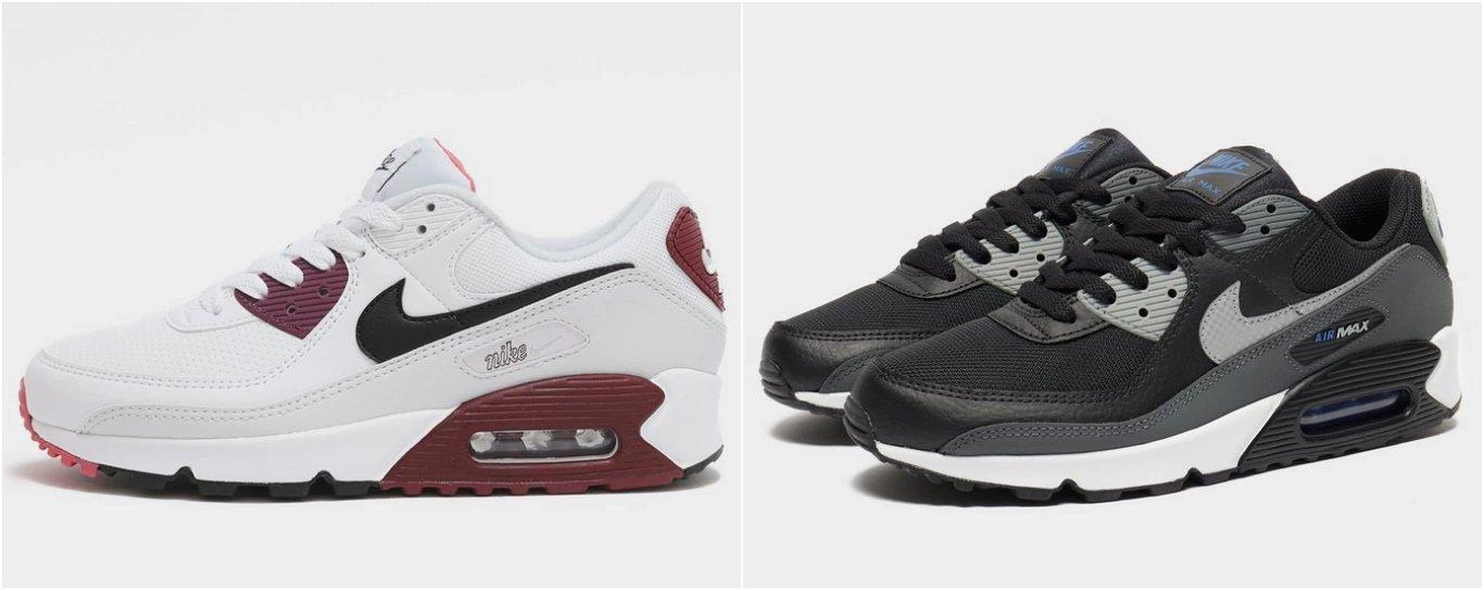 two images of nike air max 90, one white and burgundy and one black and blue