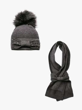 Bow Diamante Knit Bobble Hat & Scarf 2-Piece Set