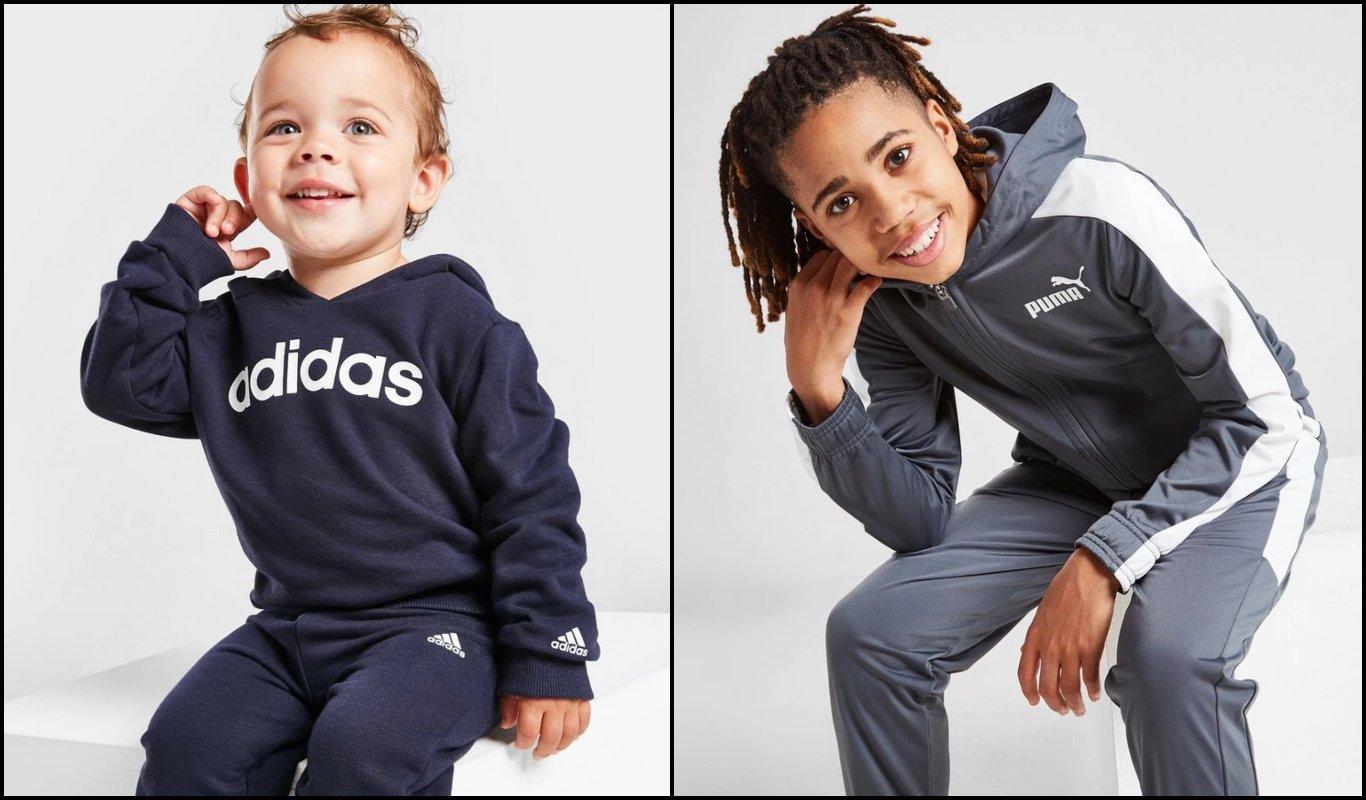 one image of an infant in a navy blue adidas tracksuit and one image of a teenager in a grey PUMA tracksuit” </div> <div class=