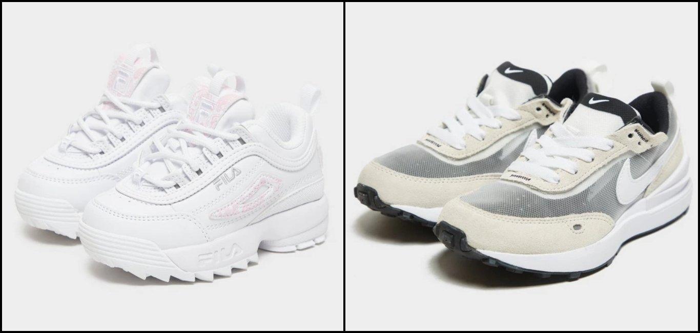 one image of a pair of infants’ Fila Disruptor in a white colorway and one image of a pair of white/beige Nike Waffle One for kids” </div> <div class=