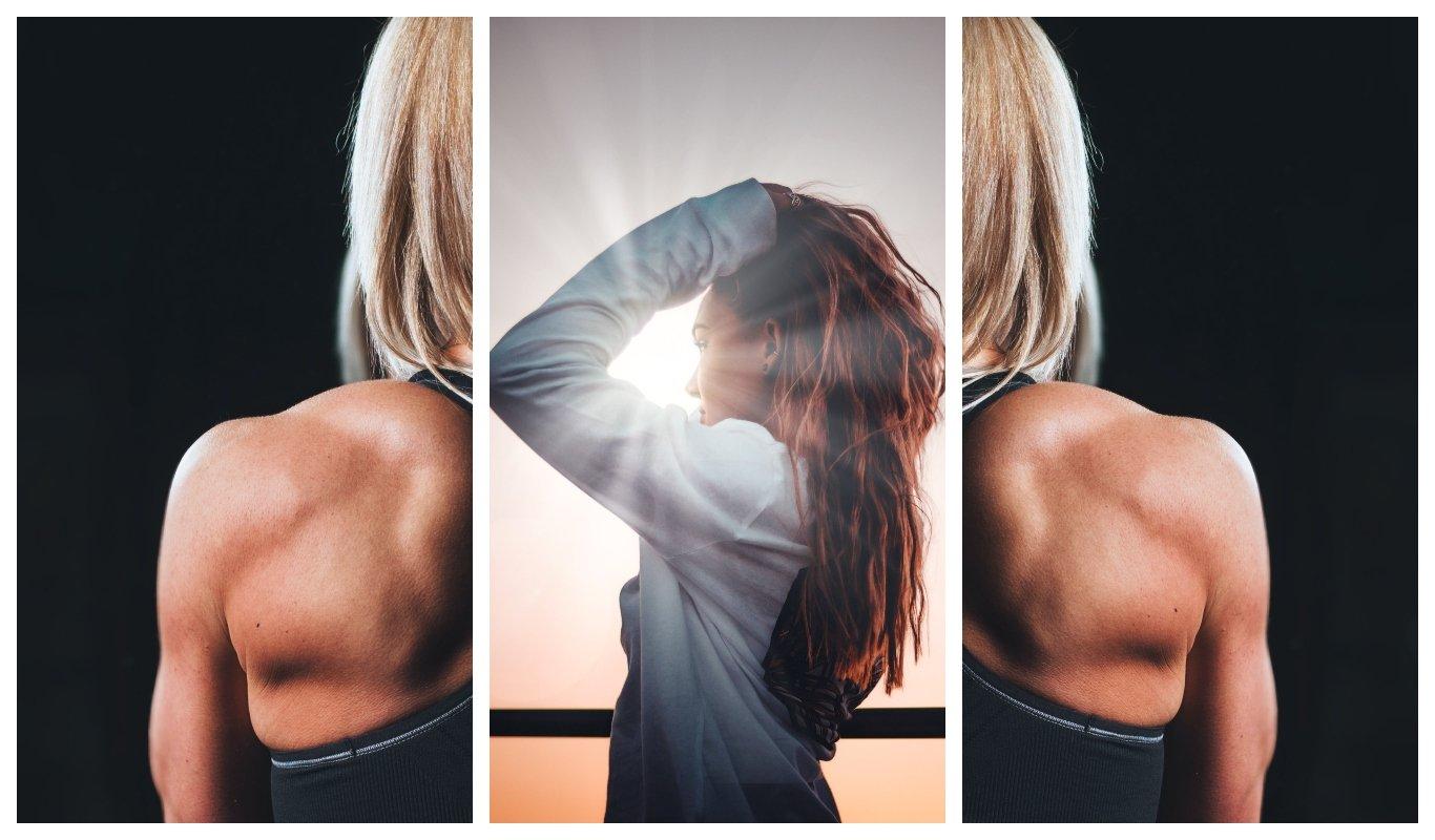 the shoulder of a person in a tank top and a person in front of a sunset