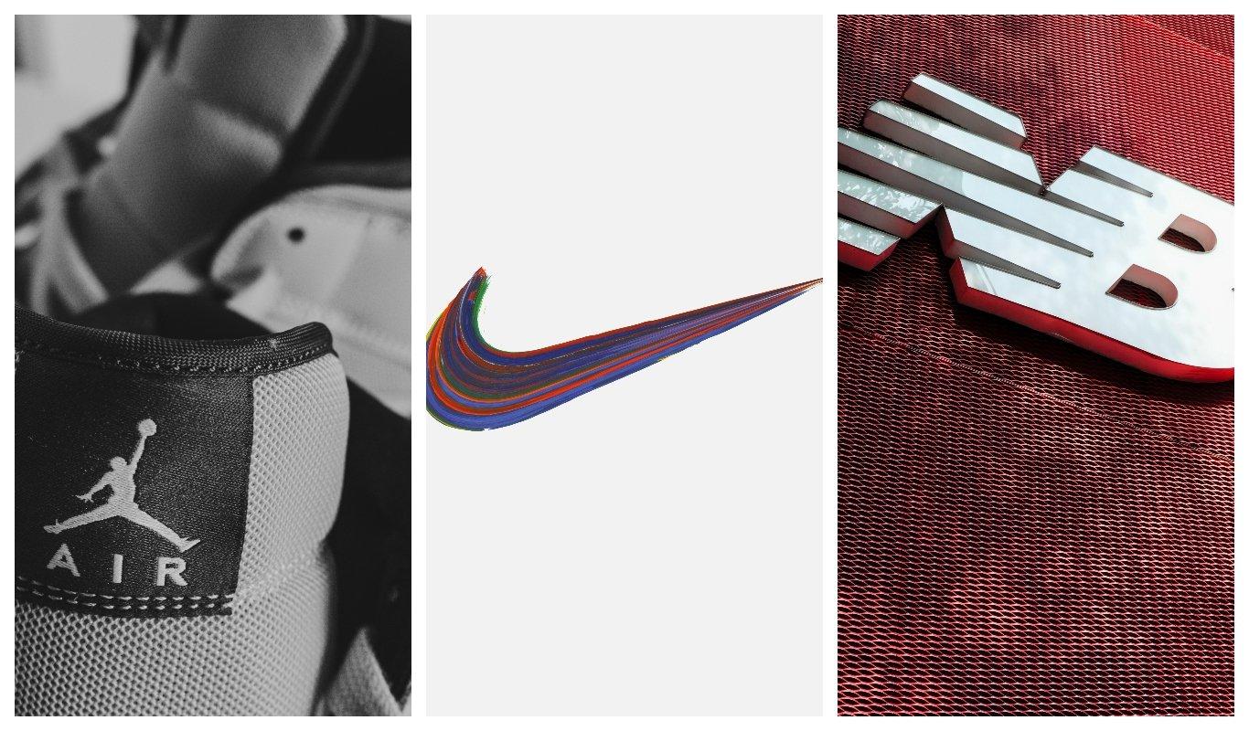 Jordan logo, nike swoosh logo and new balance logo