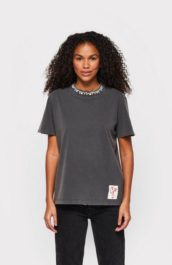 Embroidered Neck Distressed Short Sleeve T-Shirt