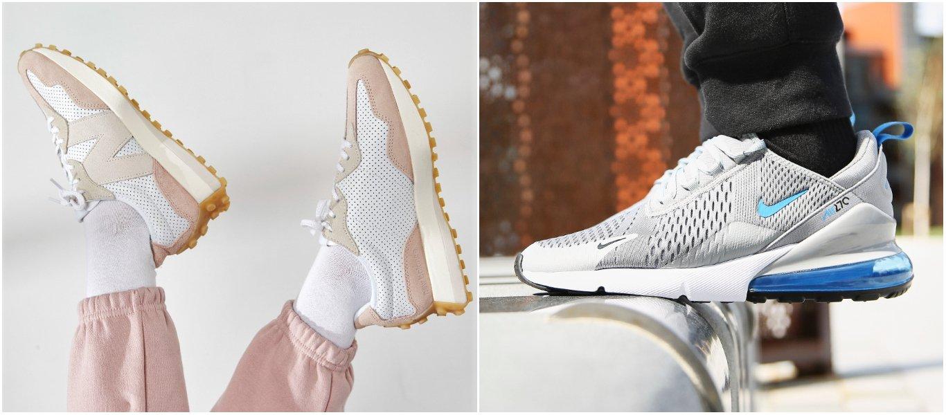 vita New Balance 327 med rosa color block-detaljer på person med vita strumpor och rosa träningsbyxor, samt gråa Nike Air Max 270 med blåa color block-kontraster på person med svarta strumpor och svarta träningsbyxor i utomhusmiljö