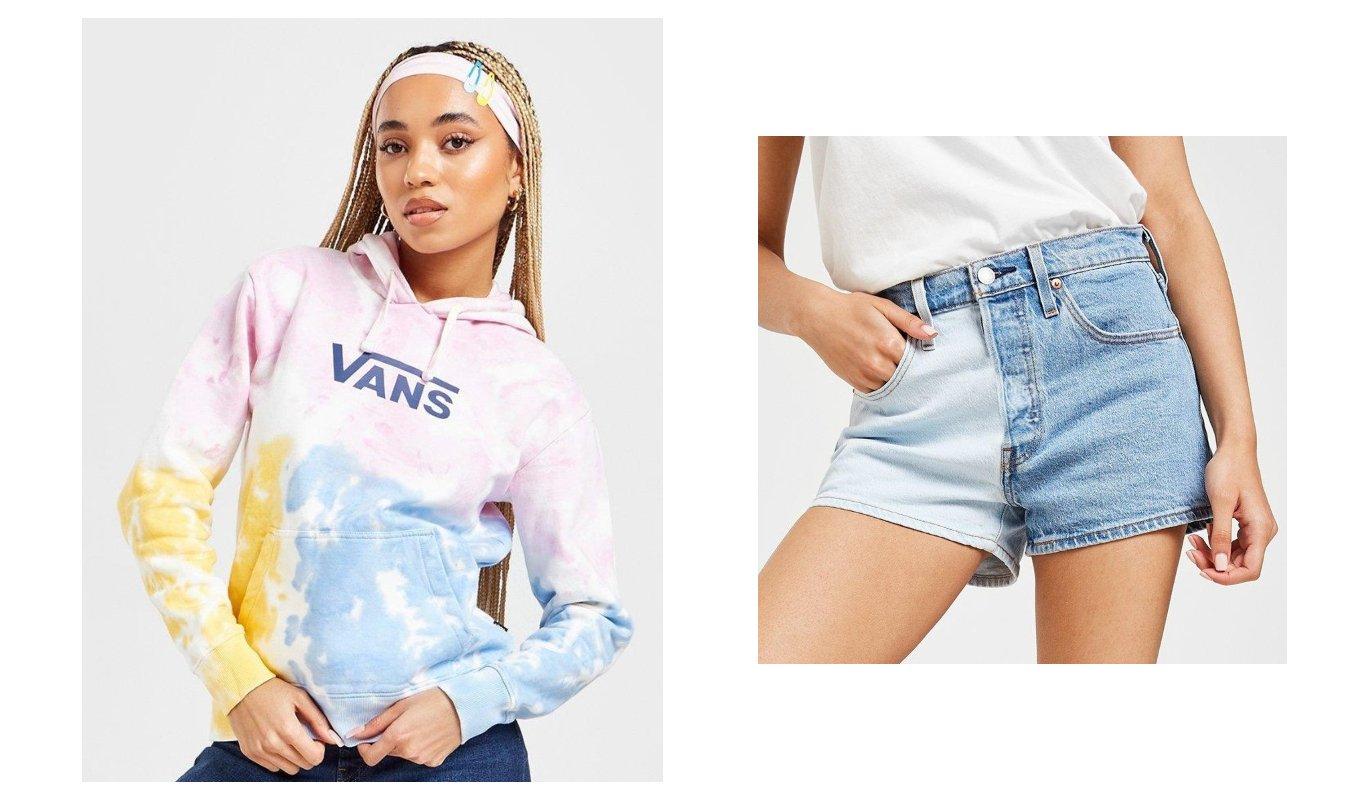 a person in a colourful tie dye hoodie from vans and colour block denim shorts from Levis