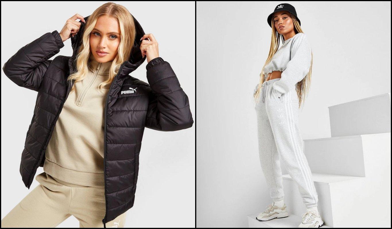 two blond people in indoor environment, one wearing a black PUMA padded jacket and the other wearing grey adidas sweatpants and hoodie” </div> <div class=