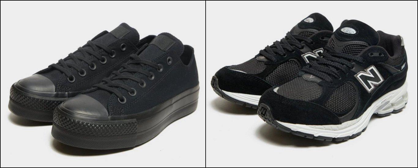 two pair of black shoes, one pair of Converse All Star Lift Low and one pair of New Balance 2002R” </div> <div class=