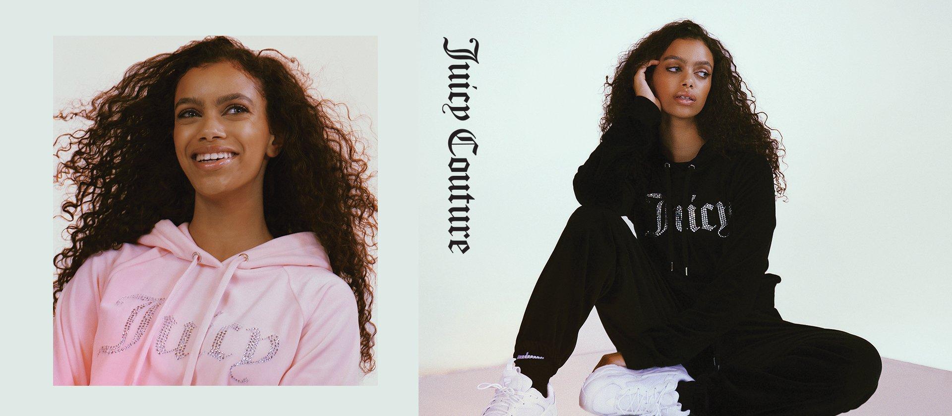 två bilder på en mörkhårig person i rosa respektive svarta juicy couture-kläder