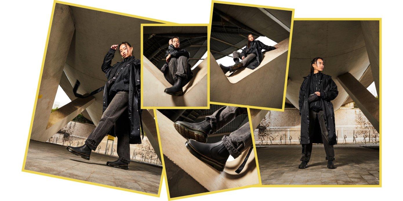 Modelo con un outfit negro portando las Audrick Chelsea de Dr.Martens