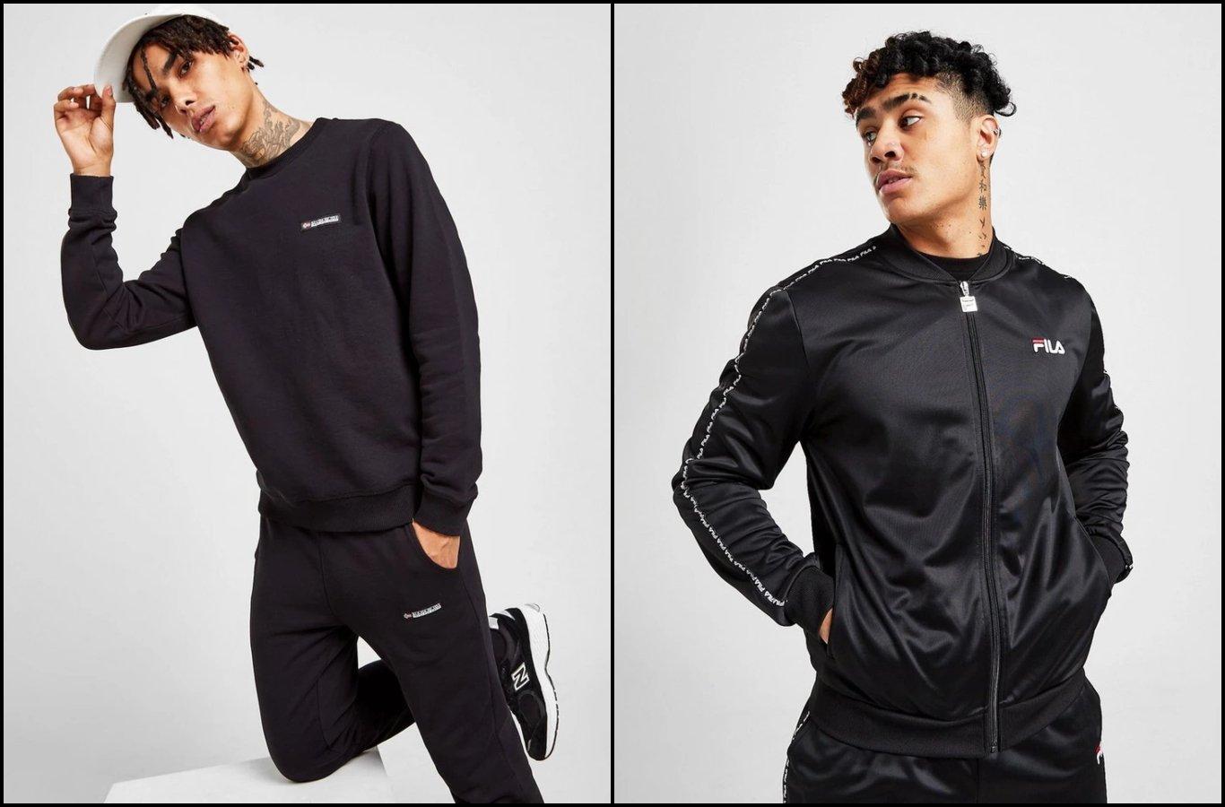 two images of people in black Napapijri sweatshirt and joggers, and a Fila tracksuit