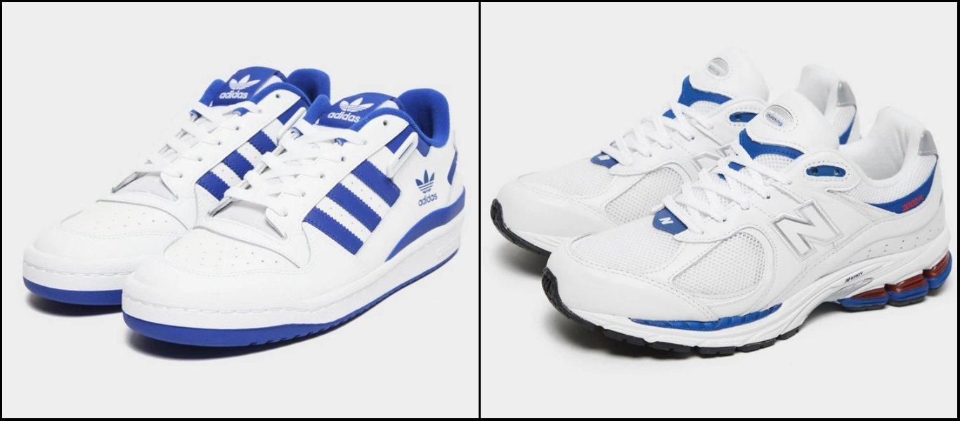 two images of white shoes with blue details, one pair of adidas Forum Low and one pair of New Balance 2002” </div> <div class=