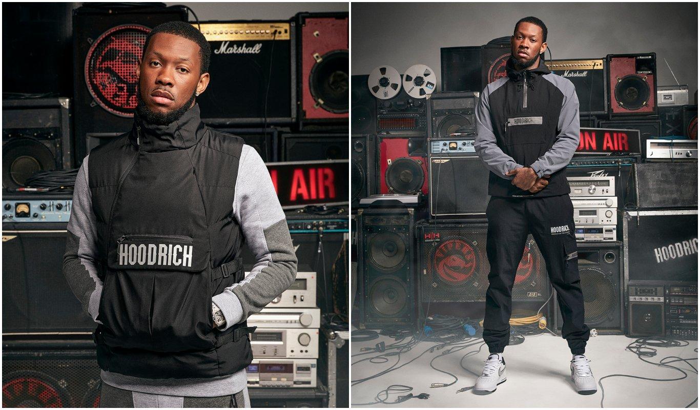 two photos of an adult in an indoor music studio environment, wearing different Hoodrich clothing