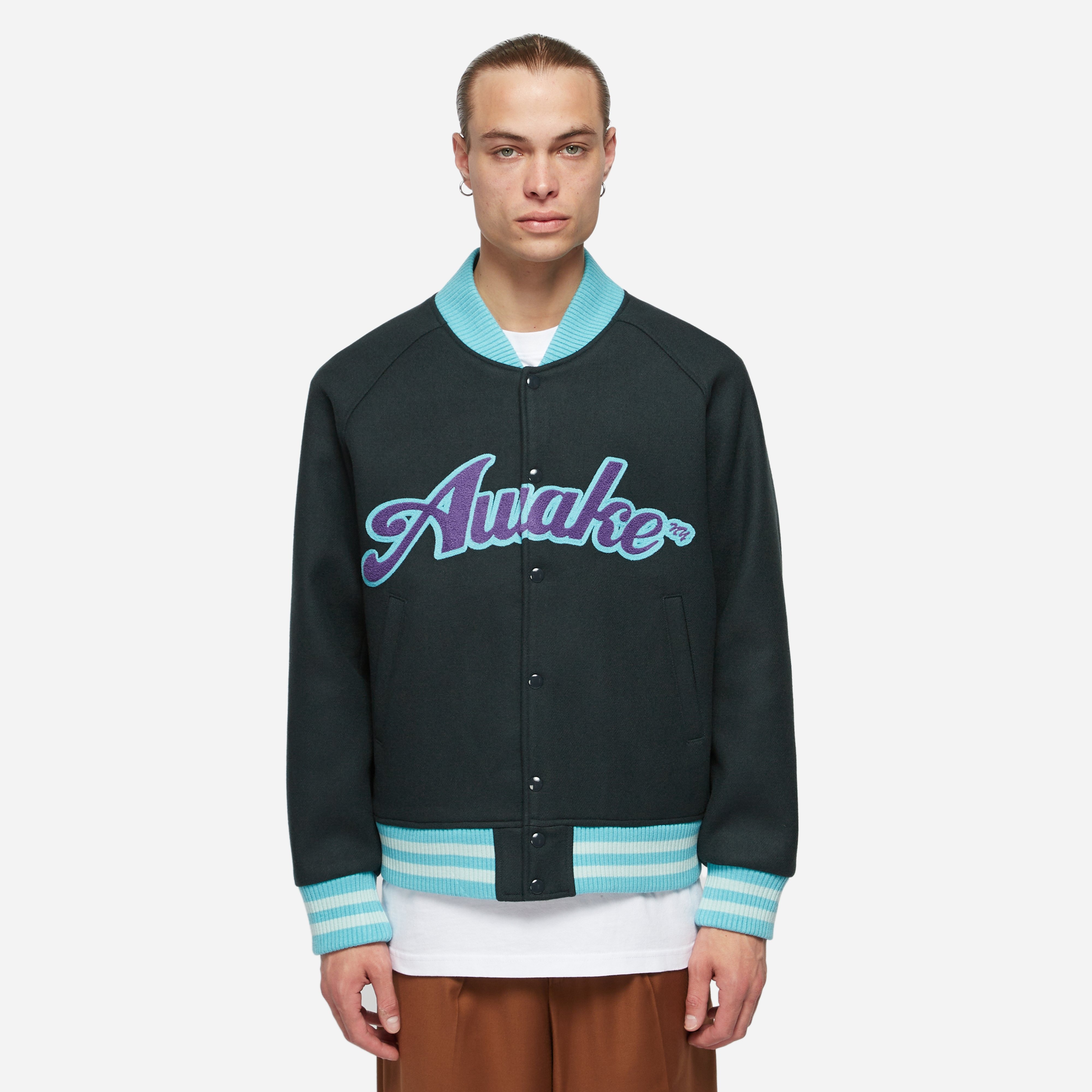 Black Awake NY Chenille Embroidered Logo Varsity Jacket | HIP