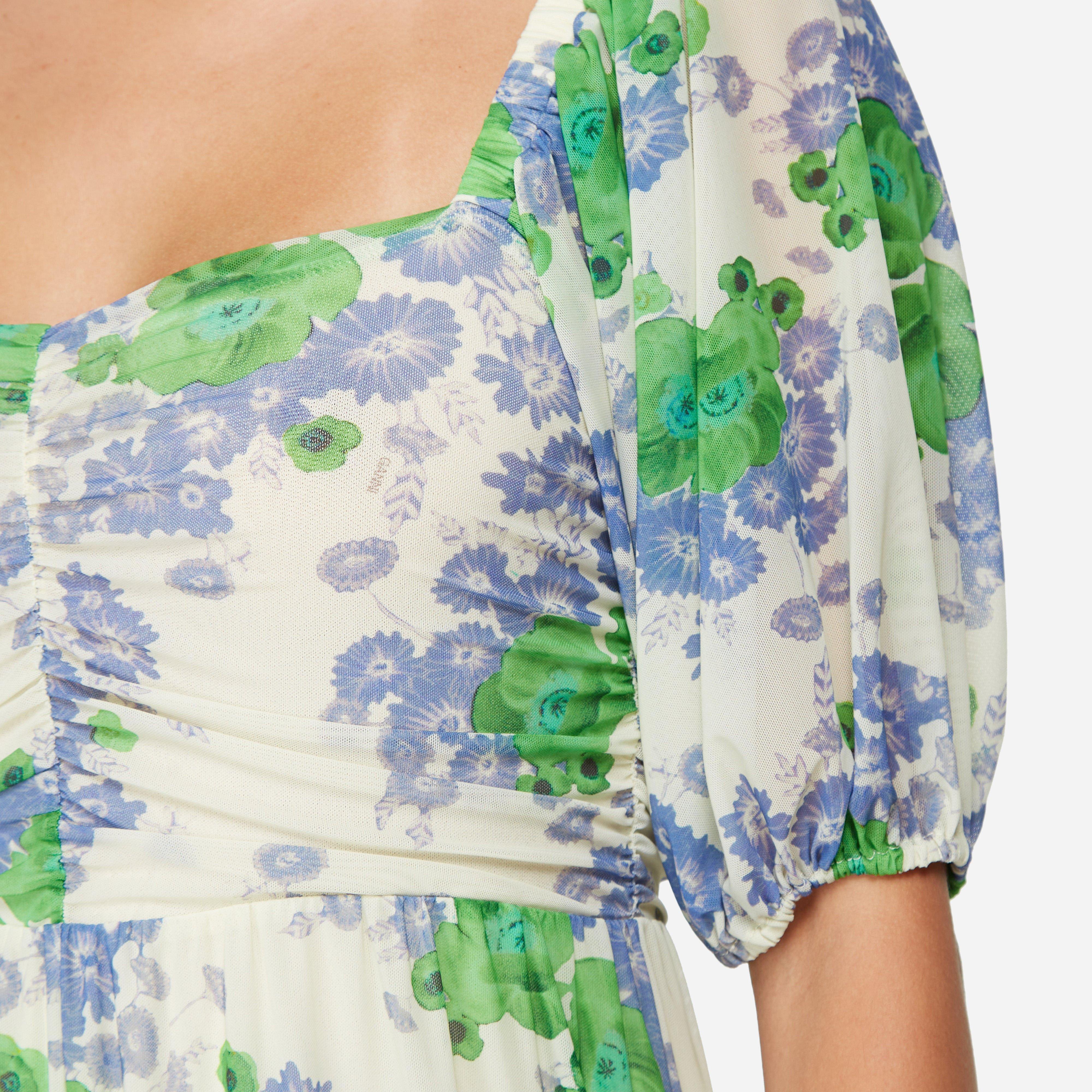 GANNI Mesh Mesh Puff Sleeves Long Dress Women's