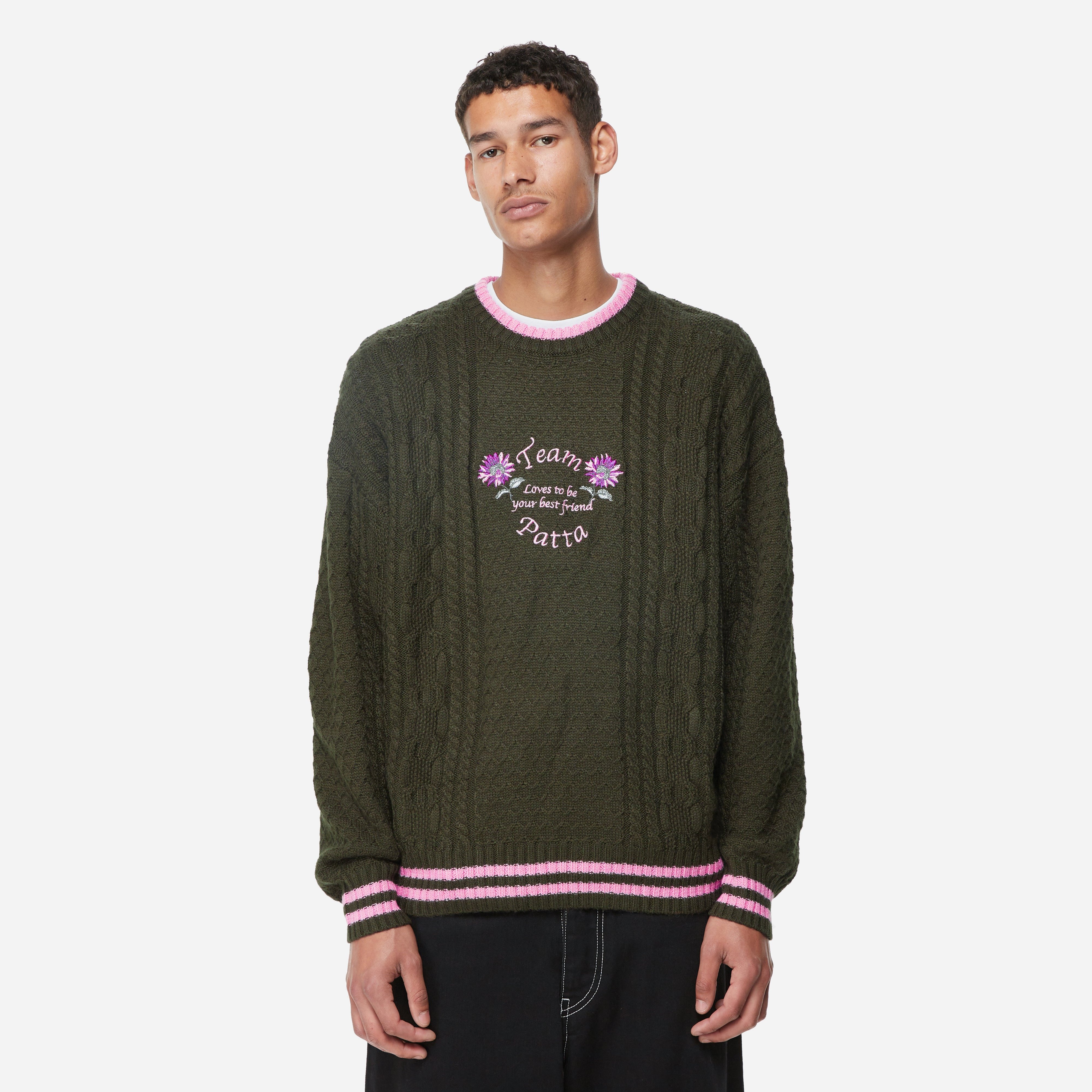Green Patta Loves You Cable Knitted Sweater | HIP