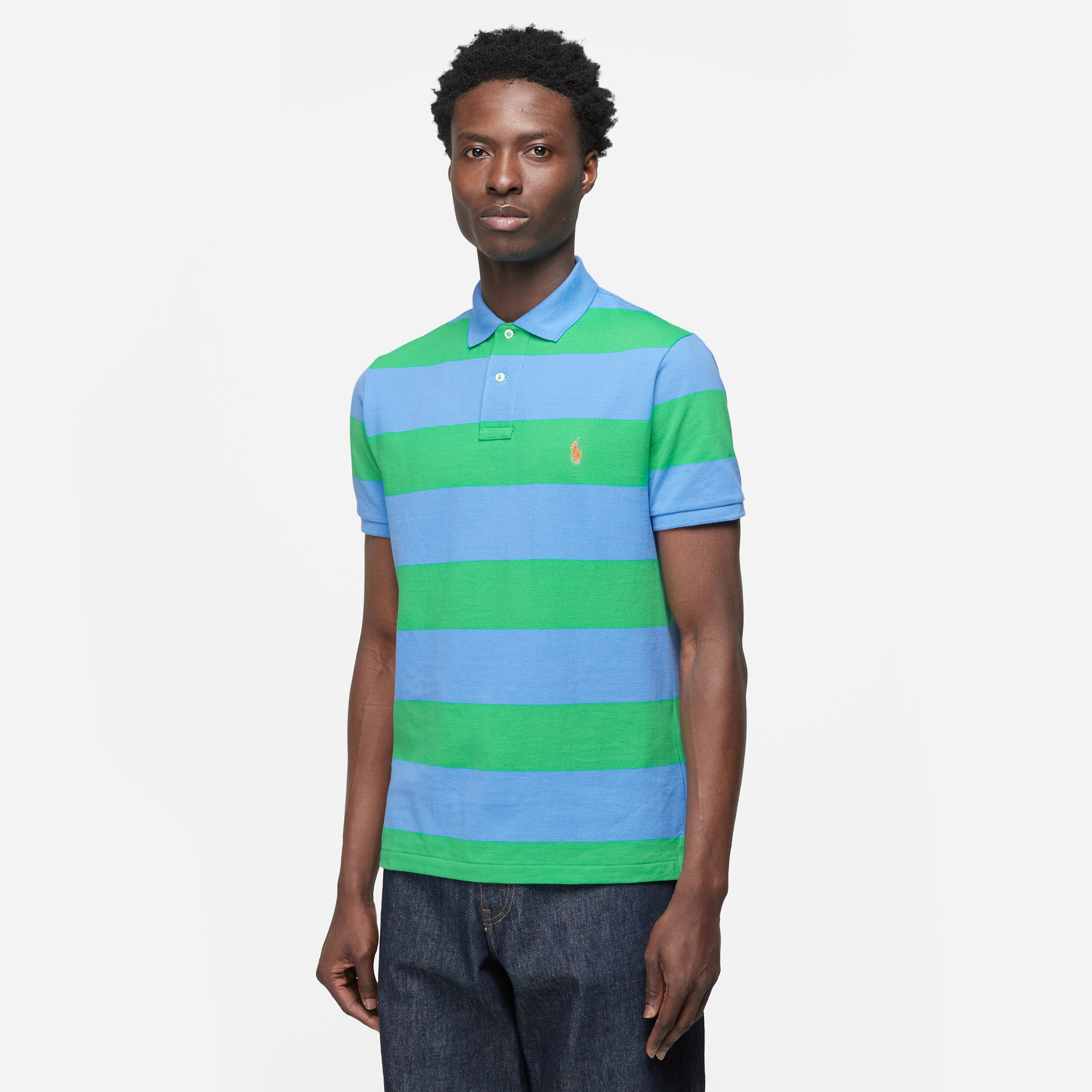 blue and green striped polo shirt