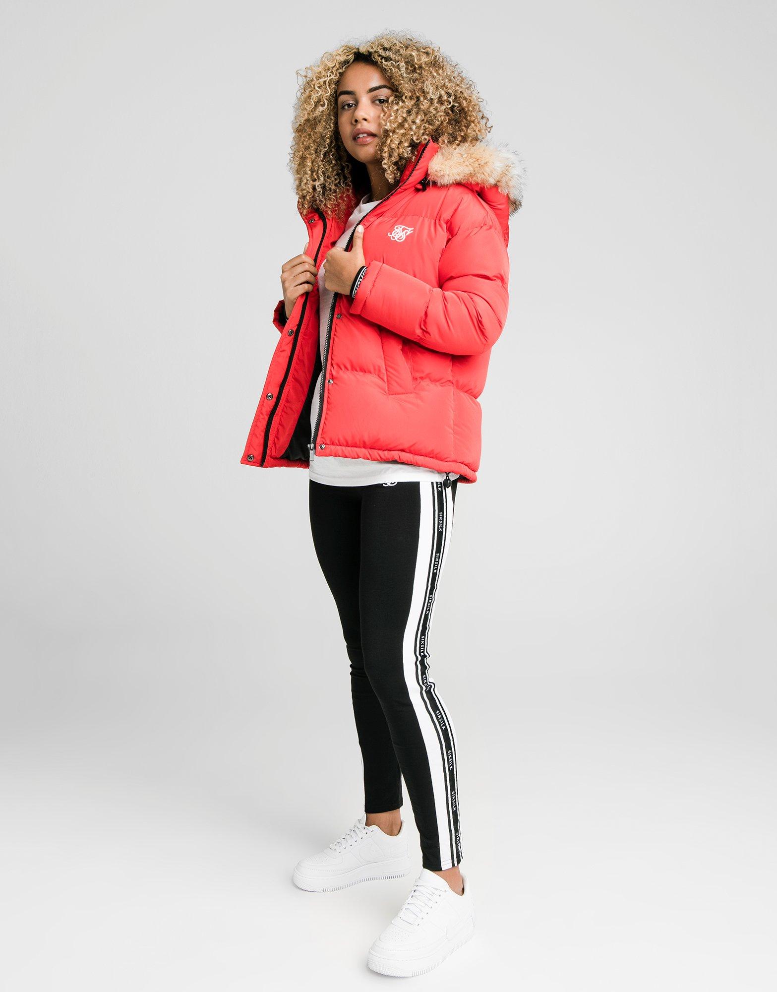 siksilk fur hood padded jacket red